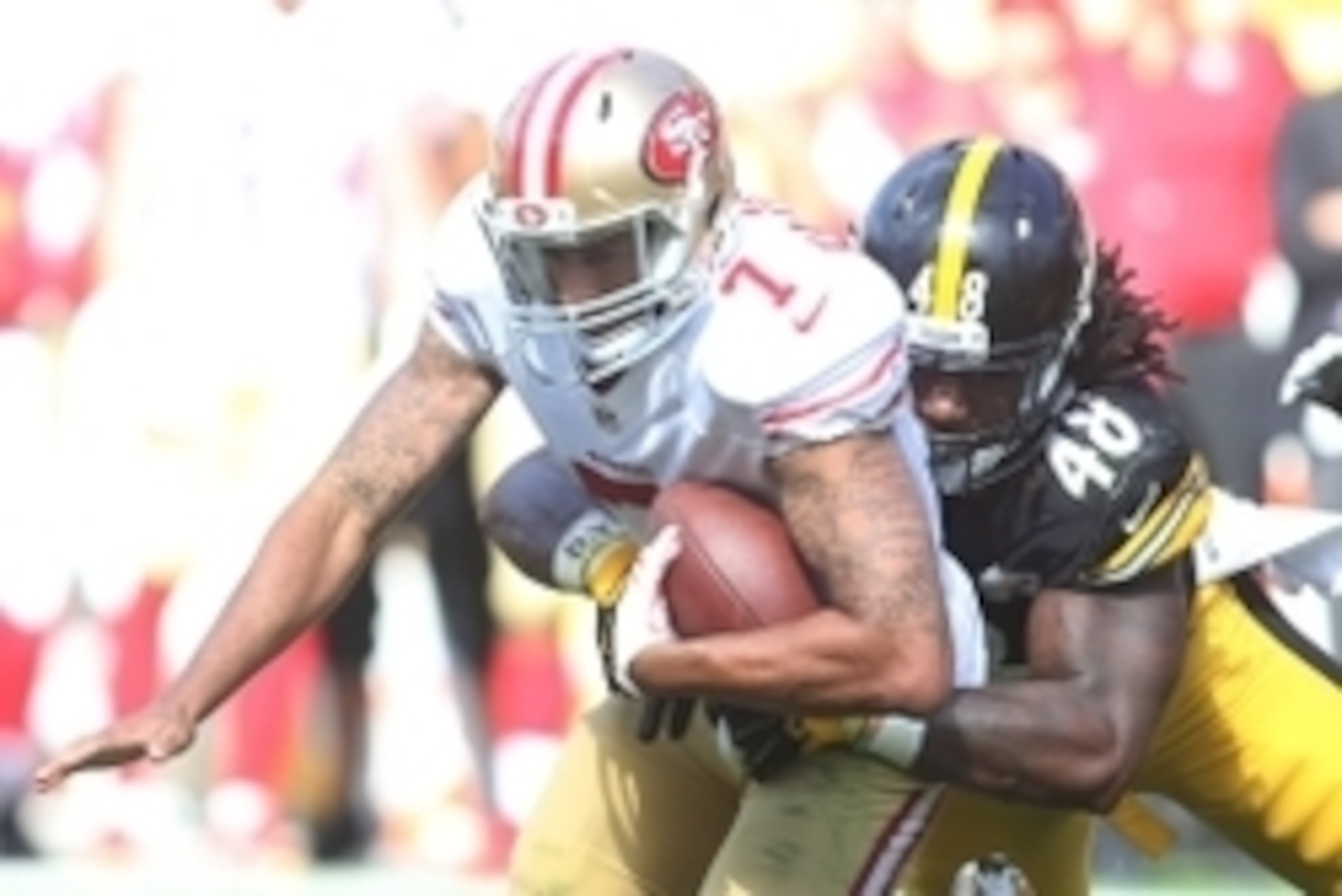 Sep 20, 2015; Pittsburgh, PA, USA; San Francisco 49ers quarterback Colin Kaepernick (7) is sacked by Pittsburgh Steelers linebacker Bud Dupree (48) during the fourth quarter at Heinz Field. The Steelers won 43-18. Mandatory Credit: Charles LeClaire-USA TO