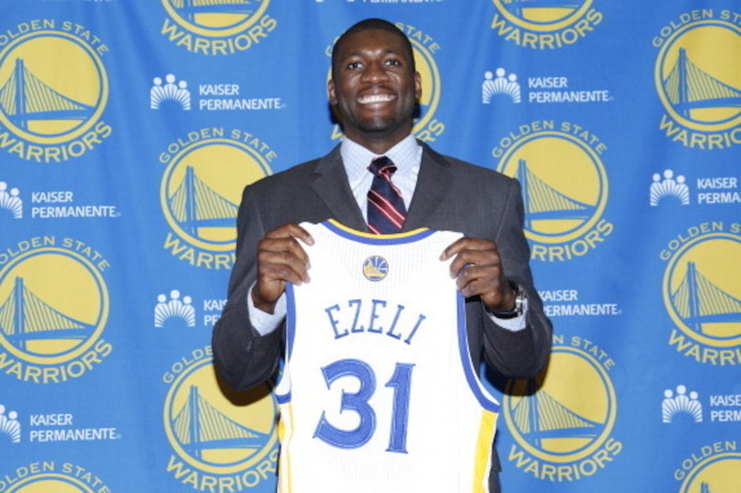 OAKLAND, CA - JULY 2: Festus Ezeli (#31) of the Golden State Warriors poses for a photo at the Warriors draft pick press conference on July 2, 2012 in Oakland, California. NOTE TO USER: User expressly acknowledges and agrees that, by downloading and/or us