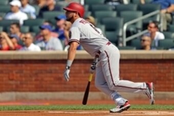Jul 11, 2015; New York City, NY, USA; Arizona Diamondbacks left fielder David Peralta (6) watches his two run home run against the New York Mets during the first inning at Citi Field. Mandatory Credit: Adam Hunger-USA TODAY Sports