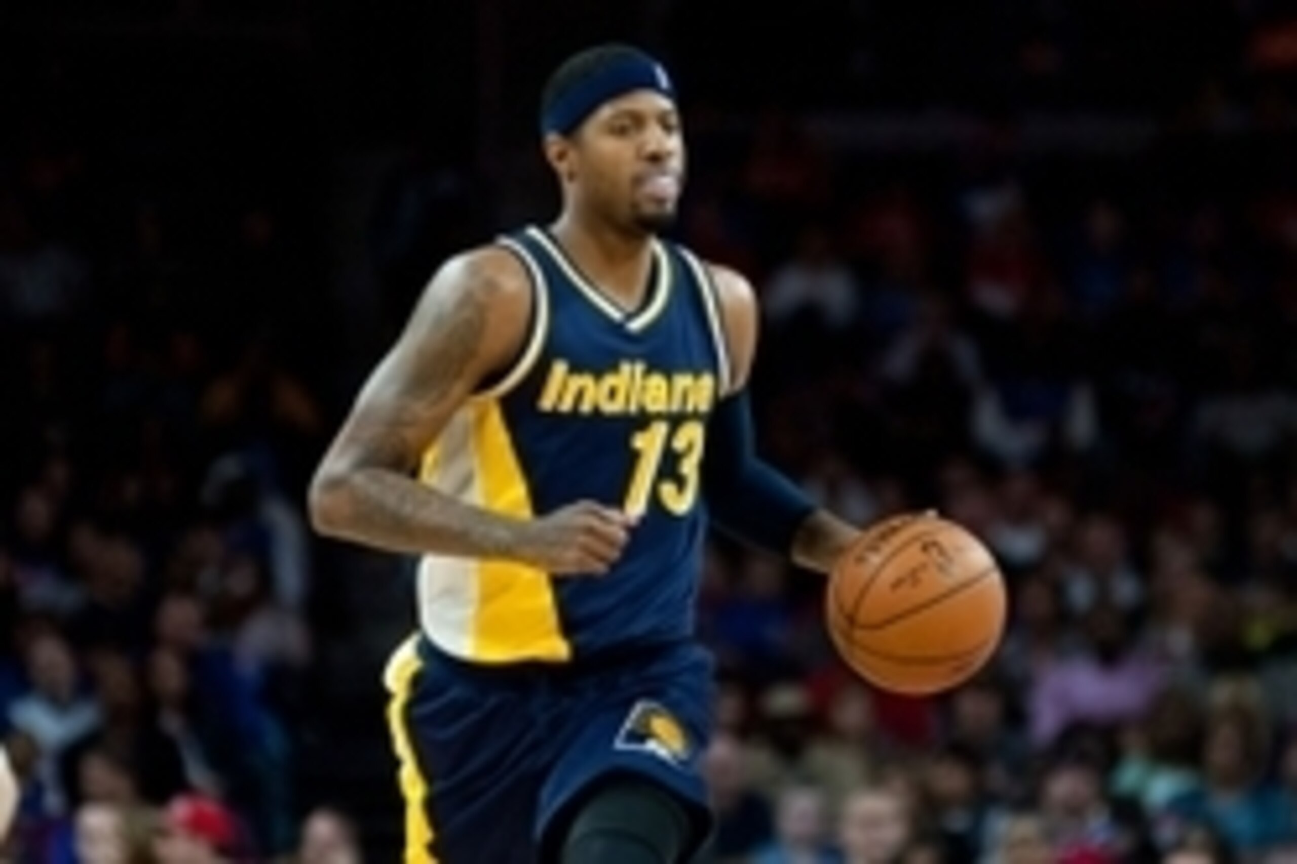 Apr 10, 2015; Auburn Hills, MI, USA; Indiana Pacers forward Paul George (13) brings the ball up court during the fourth quarter against the Detroit Pistons at The Palace of Auburn Hills. Pacers won 107-103. Mandatory Credit: Tim Fuller-USA TODAY Sports