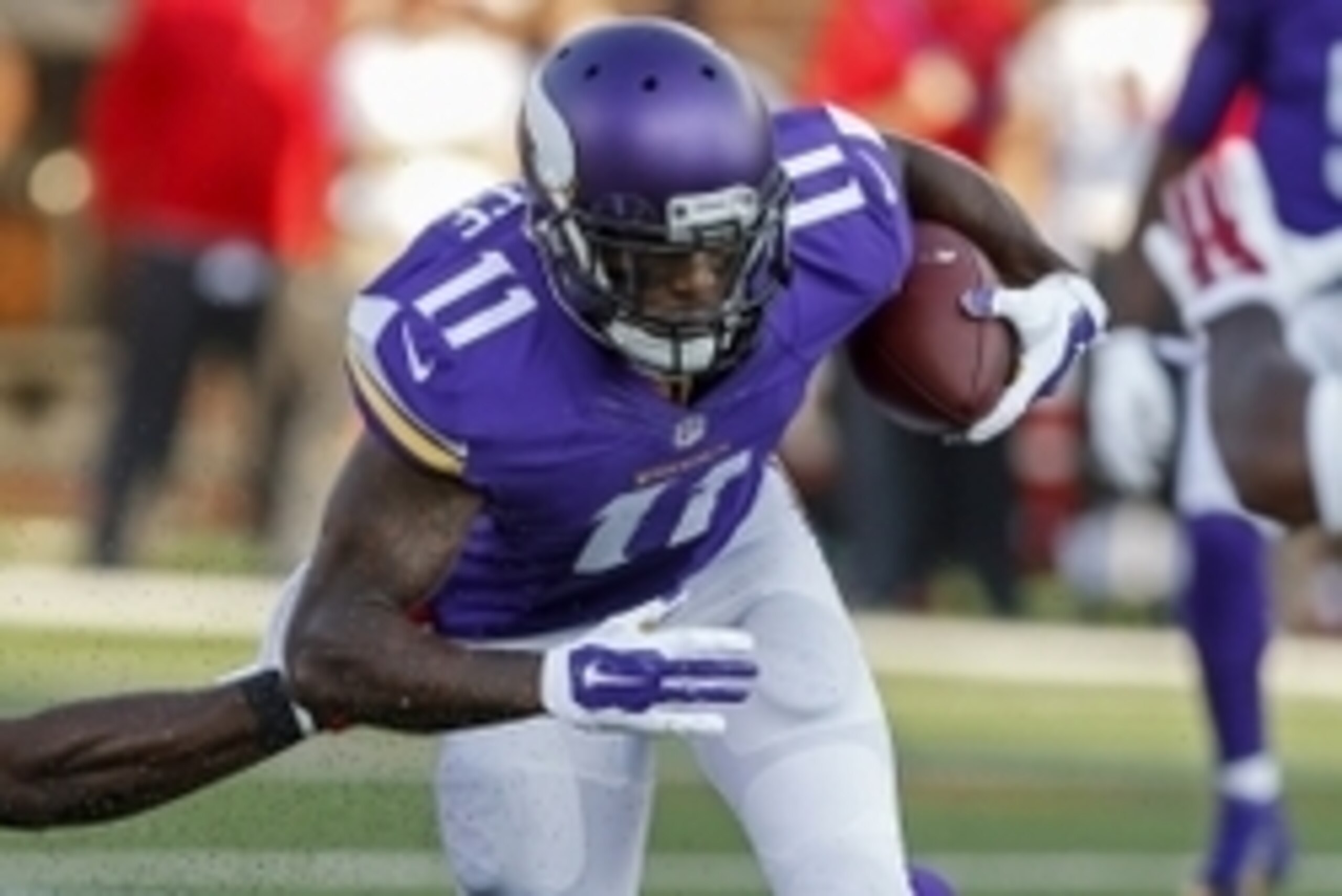 Aug 15, 2015; Minneapolis, MN, USA; Minnesota Vikings wide receiver Mike Wallace (11) catches a pass against the Tampa Bay Buccaneers for 2 yards in the first quarter in a preseason NFL football game at TCF Bank Stadium. Mandatory Credit: Bruce Kluckhohn-