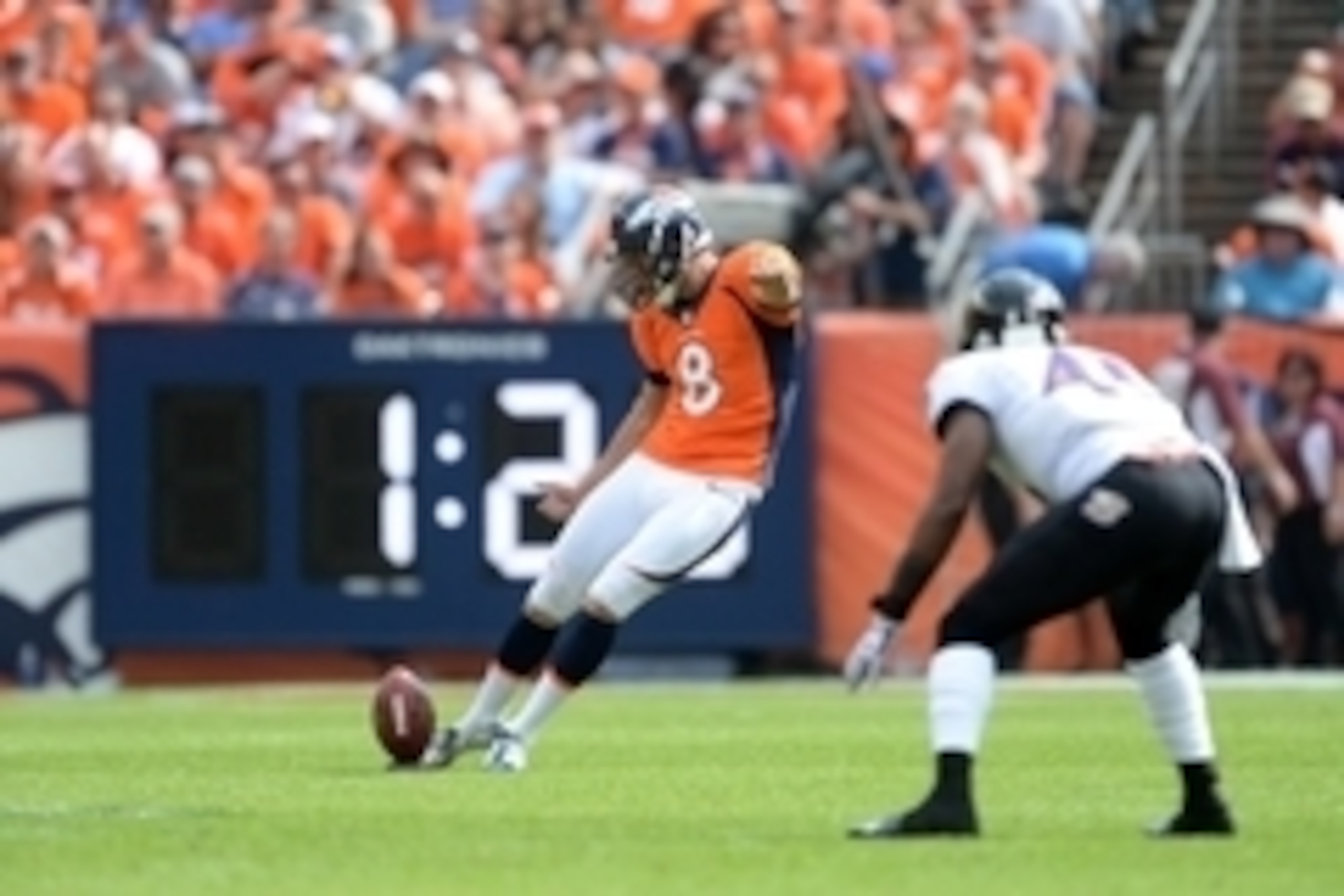 Sep 13, 2015; Denver, CO, USA; Denver Broncos kicker Brandon McManus (8) kicks off in the first quarter against the Baltimore Ravens at Sports Authority Field at Mile High. Mandatory Credit: Ron Chenoy-USA TODAY Sports