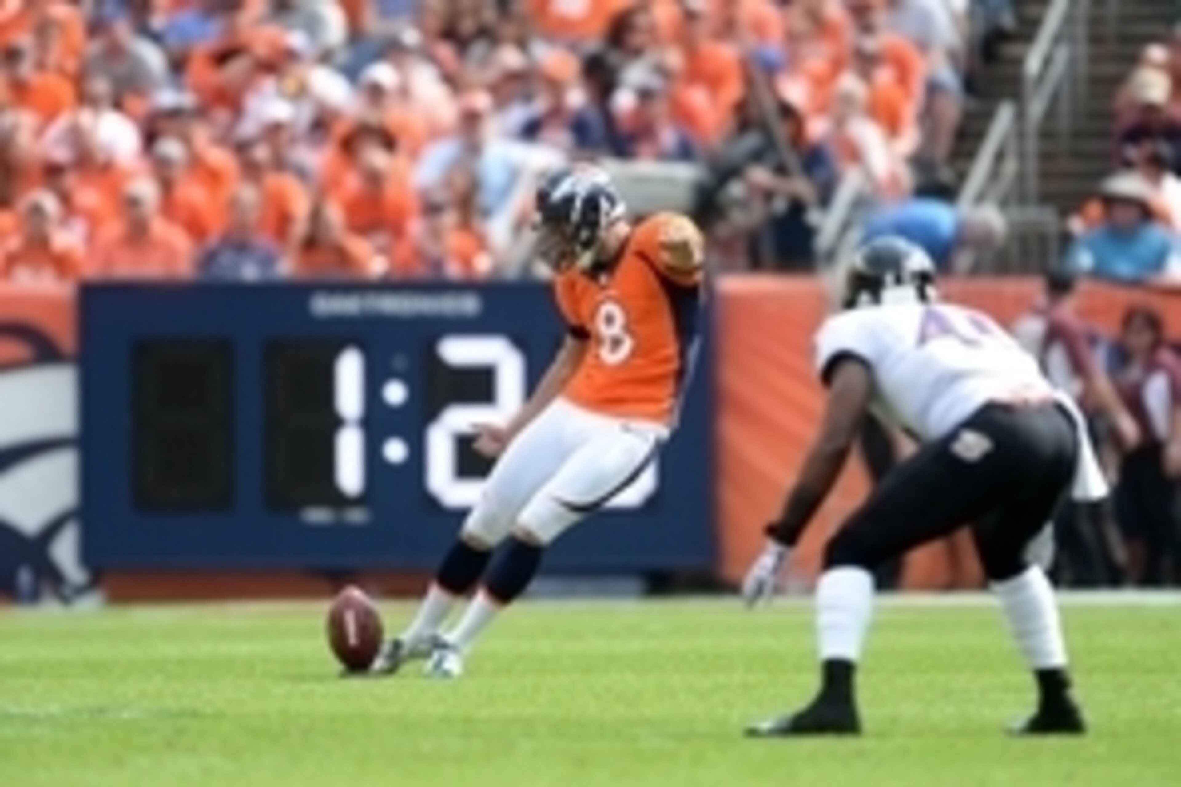 Sep 13, 2015; Denver, CO, USA; Denver Broncos kicker Brandon McManus (8) kicks off in the first quarter against the Baltimore Ravens at Sports Authority Field at Mile High. Mandatory Credit: Ron Chenoy-USA TODAY Sports