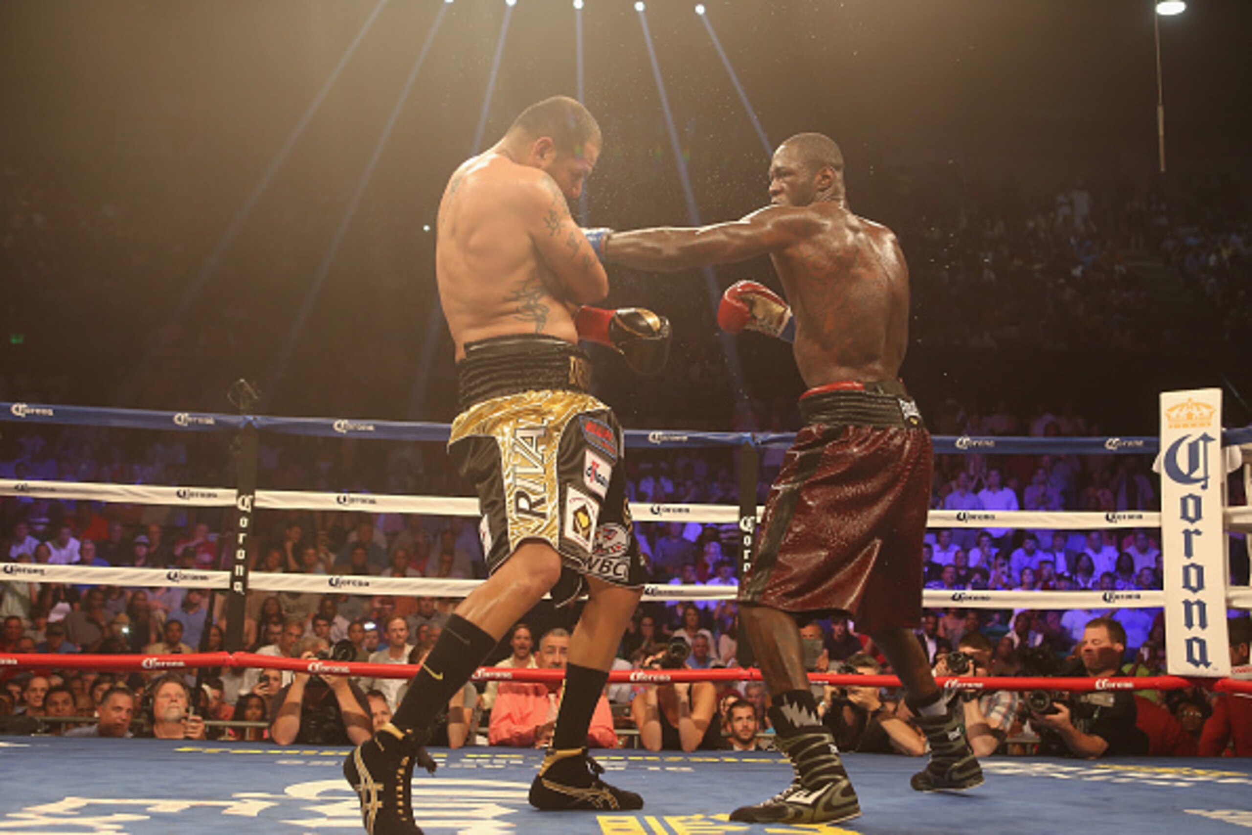 BIRMINGHAM, AL - JUNE 13: WBC World Heavyweight Champion Deontay Wilder throws a punch to Eric Molina at the Bartow Arena on June 13, 2015 in Birmingham, Alabama. (Photo by David A. Smith/Getty Images)