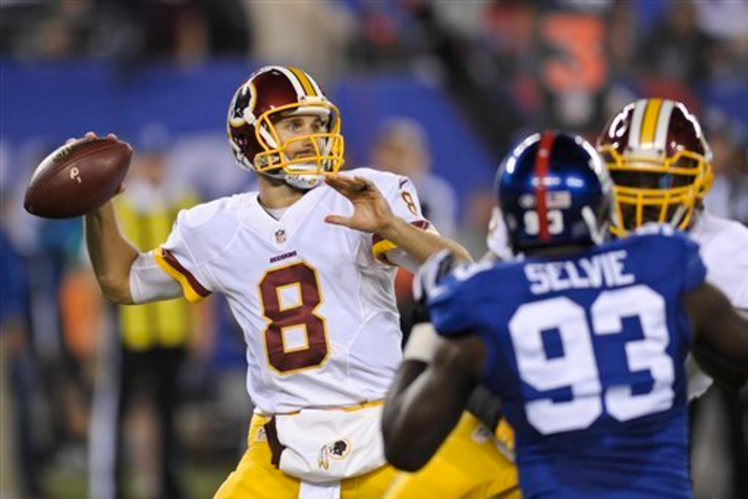 Kirk Cousins threw two interceptions even though the Giants' pass rush wasn't great.