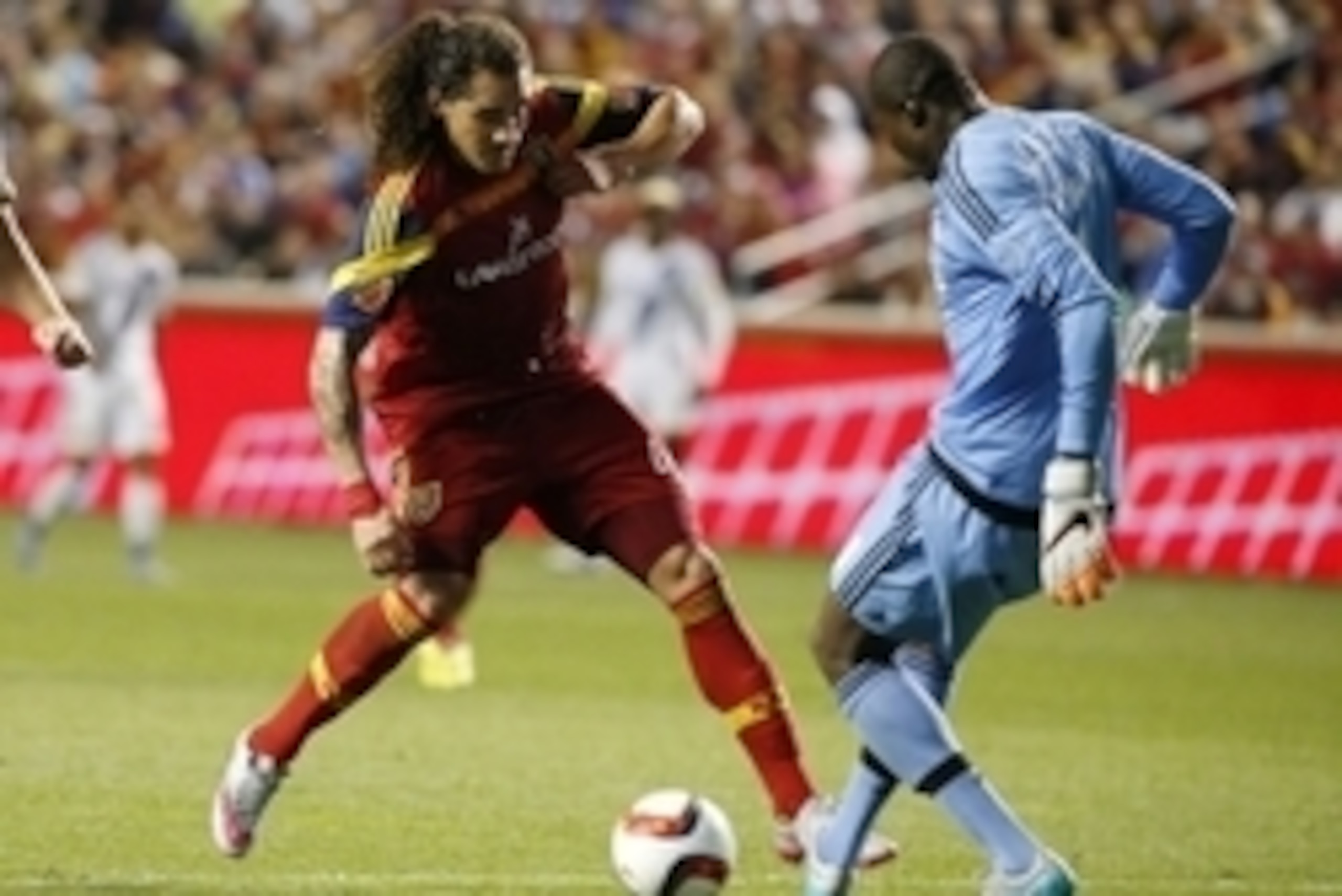 Sep 19, 2015; Sandy, UT, USA; Real Salt Lake forward Devon Sandoval (49) can't get the ball past Los Angeles Galaxy goalkeeper Brian Perk (1) in the second half at Rio Tinto Stadium. Mandatory Credit: Jeff Swinger-USA TODAY Sports Sep 19, 2015; Sandy, UT, USA; Real Salt Lake forward Devon Sandoval (49) can't get the ball past Los Angeles Galaxy goalkeeper Brian Perk (1) in the second half at Rio Tinto Stadium. Mandatory Credit: Jeff Swinger-USA TODAY Sports