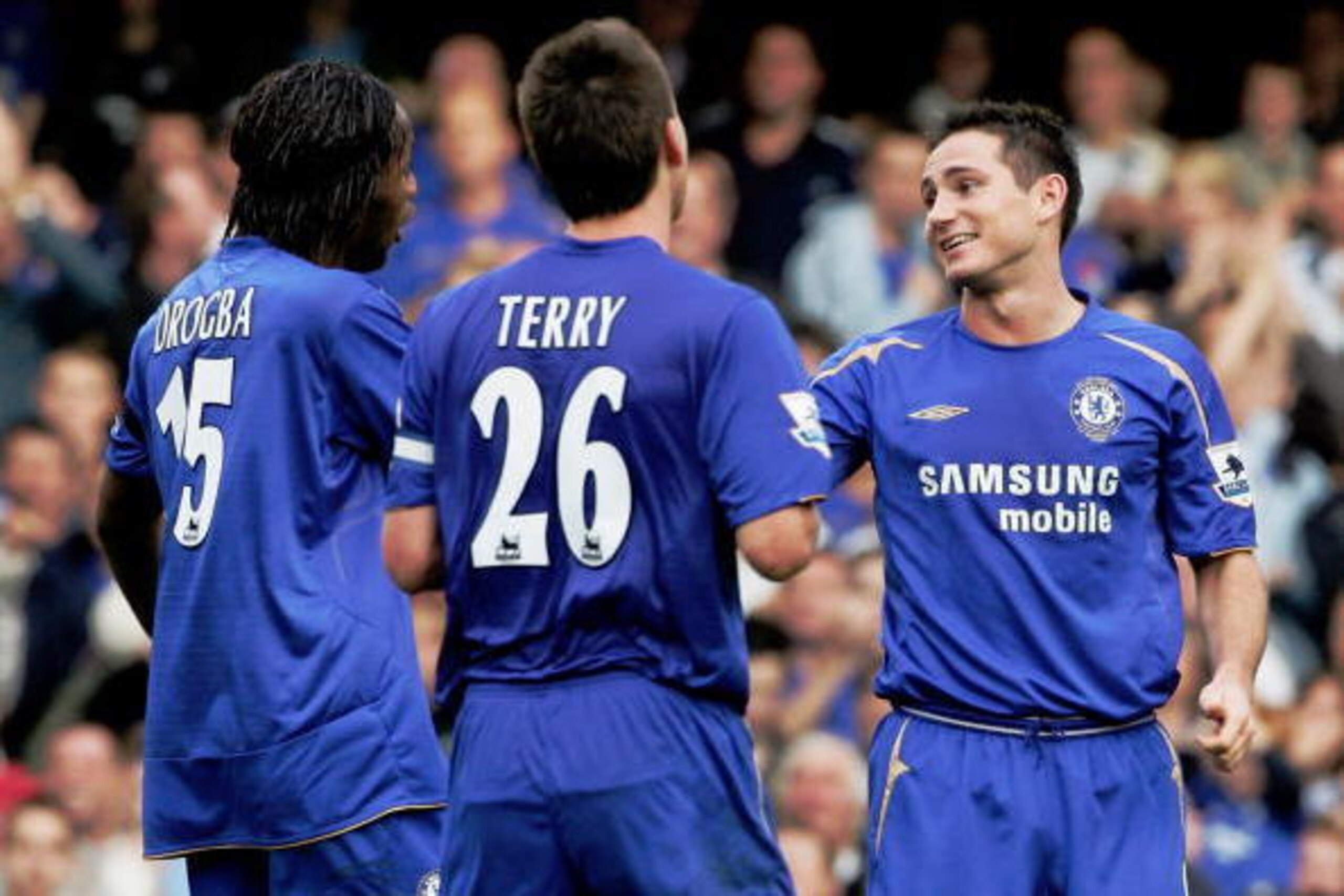 LONDON - OCTOBER 29:  Goal scorer Frank Lampard of Chelsea celebrates with Didier Drogba and John Terry during the FA Barclays Premiership match between Chelsea and Blackburn Rovers at Stamford Bridge on October 29, 2005 in London, England.  (Photo by Phi