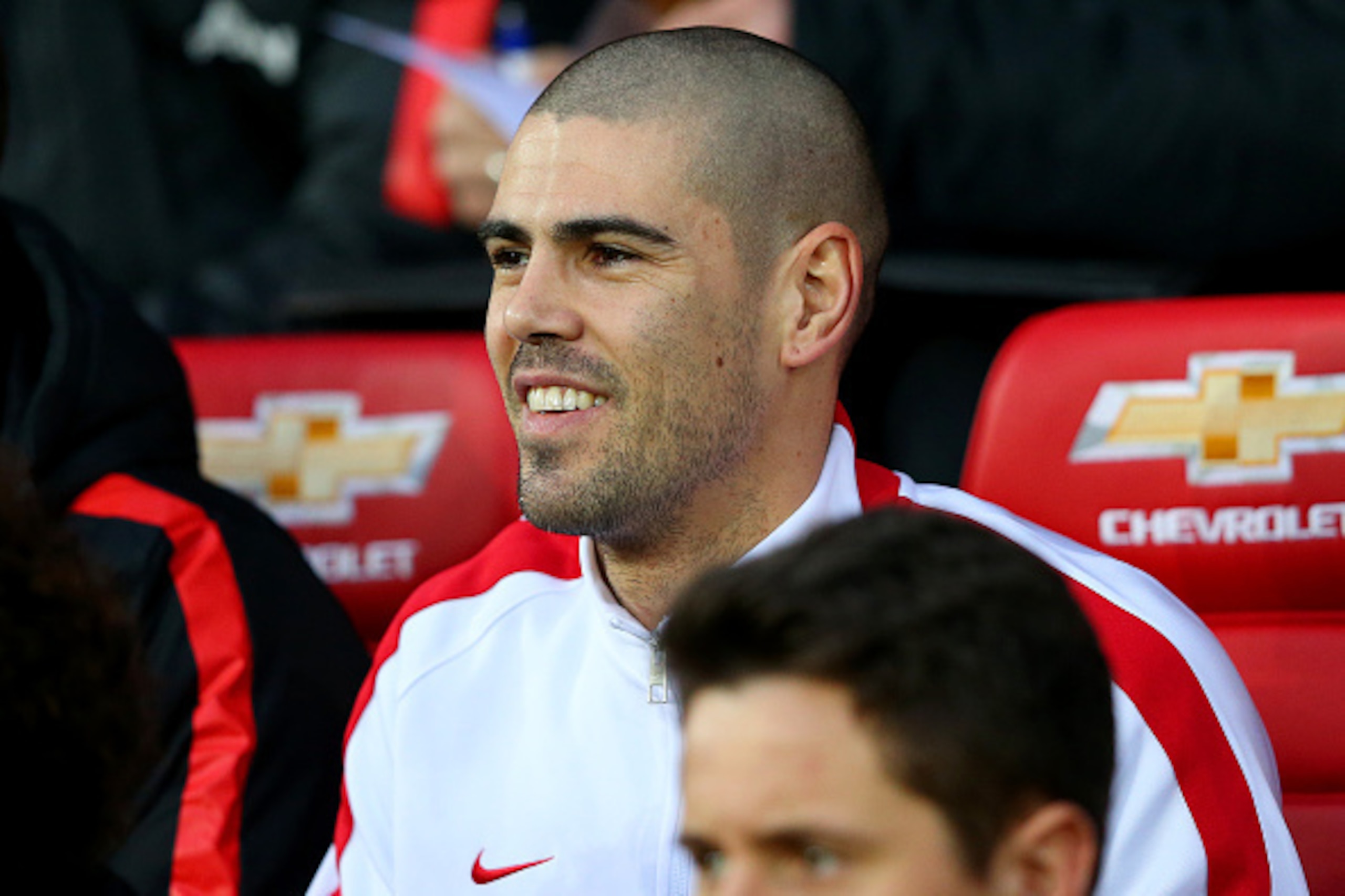 MANCHESTER, ENGLAND - JANUARY 11:  Victor Valdes of Manchester United sits on the bench before the Barclays Premier League match between Manchester United and Southampton at Old Trafford on January 11, 2015 in Manchester, England.  (Photo by Alex Livesey/