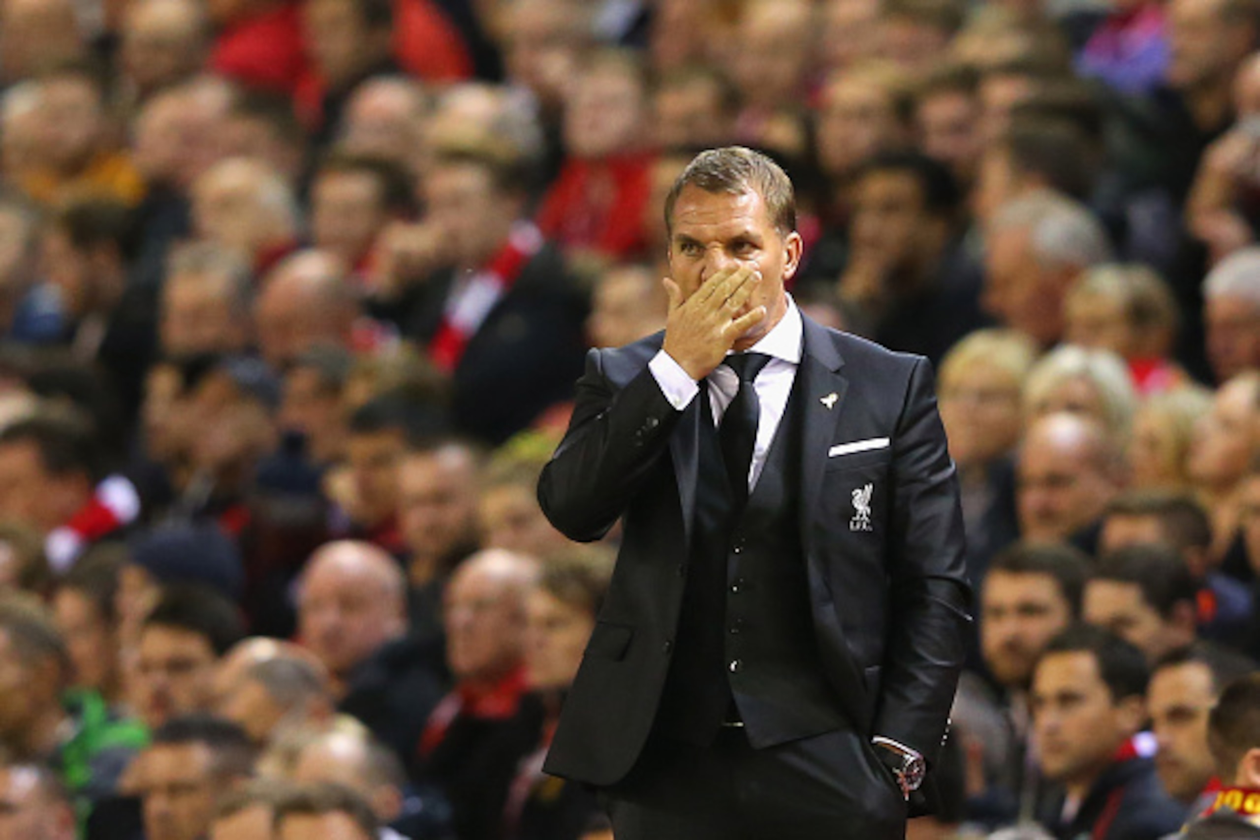LIVERPOOL, ENGLAND - SEPTEMBER 23:  Brendan Rodgers the manager of Liverpool looks on during the Capital One Cup Third Round match between Liverpool and Carlisle United at Anfield on September 23, 2015 in Liverpool, England.  (Photo by Alex Livesey/Getty 