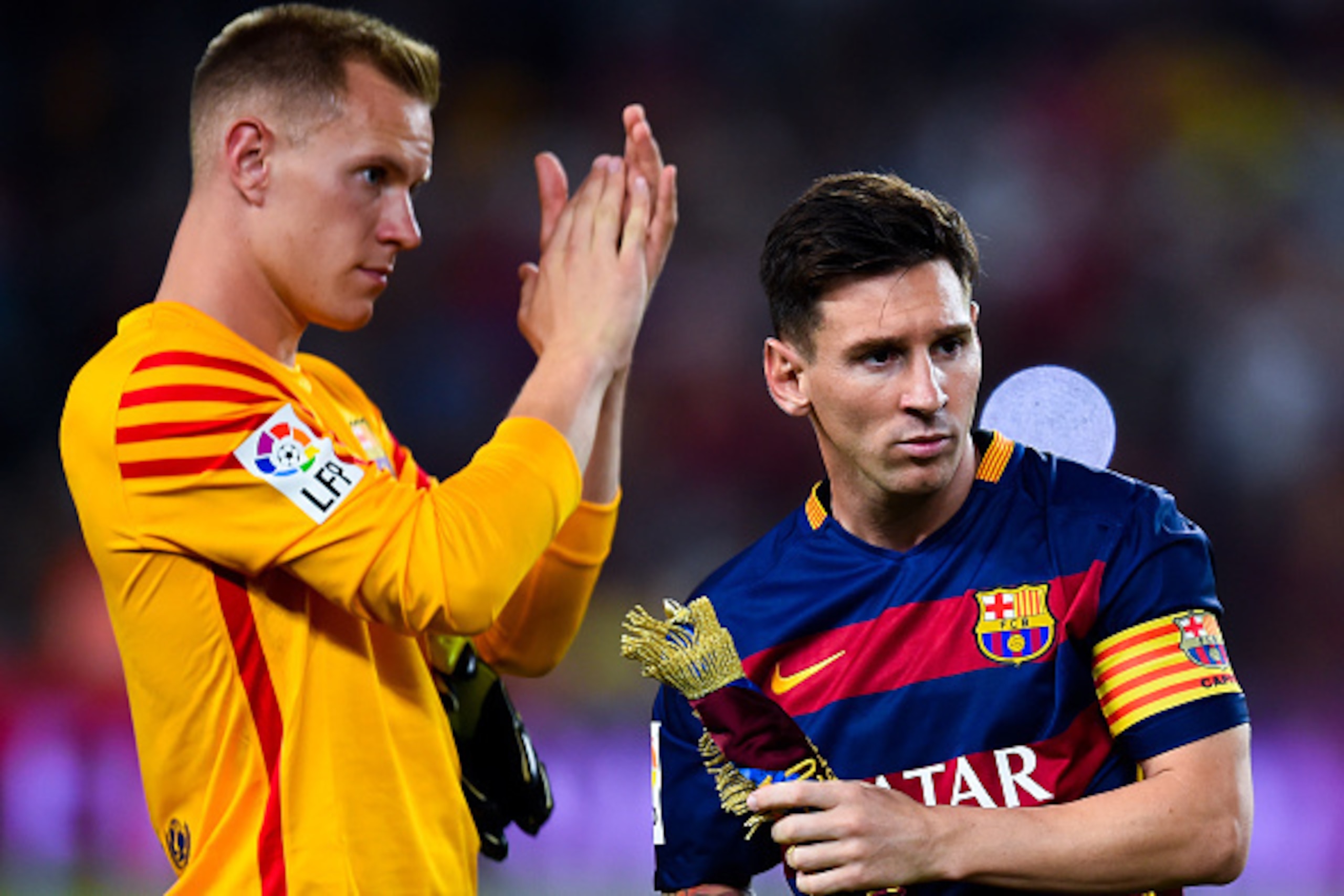 BARCELONA, SPAIN - AUGUST 05: Marc-Andre Ter Stegen (L) and Lionel Messi of FC Barcelona look on during the Joan Gamper trophy match at Camp Nou on August 5, 2015 in Barcelona, Spain. (Photo by David Ramos/Getty Images) BARCELONA, SPAIN - AUGUST 05: Marc-Andre Ter Stegen (L) and Lionel Messi of FC Barcelona look on during the Joan Gamper trophy match at Camp Nou on August 5, 2015 in Barcelona, Spain. (Photo by David Ramos/Getty Images)