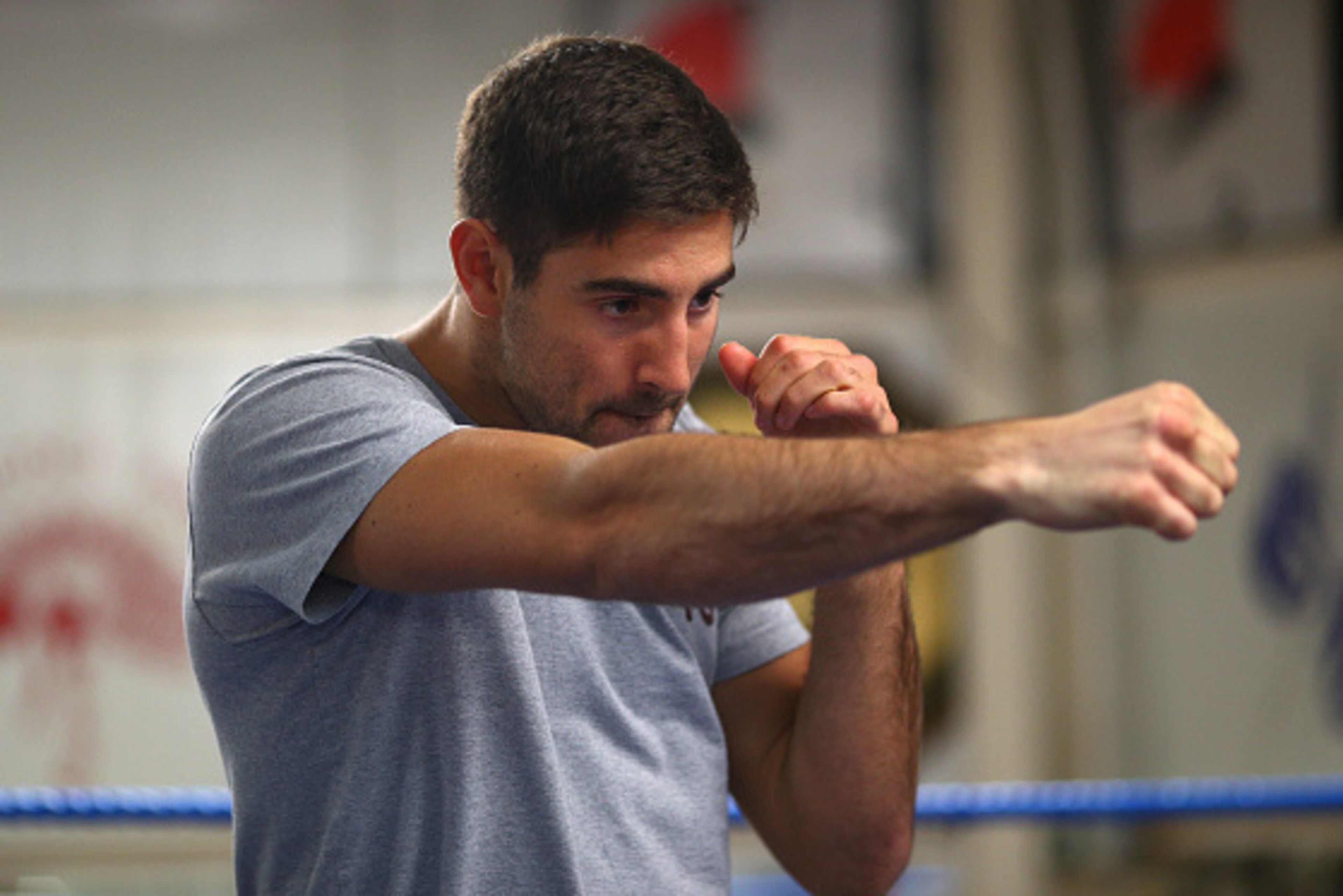 LONDON, ENGLAND - SEPTEMBER 22: Frank Buglioni of England shadow boxes during the Fedor Chudinov v Frank Buglioni Media Work Out at Peacock Gym on September 22, 2015 in London, United Kingdom. (Photo by Charlie Crowhurst/Getty Images)