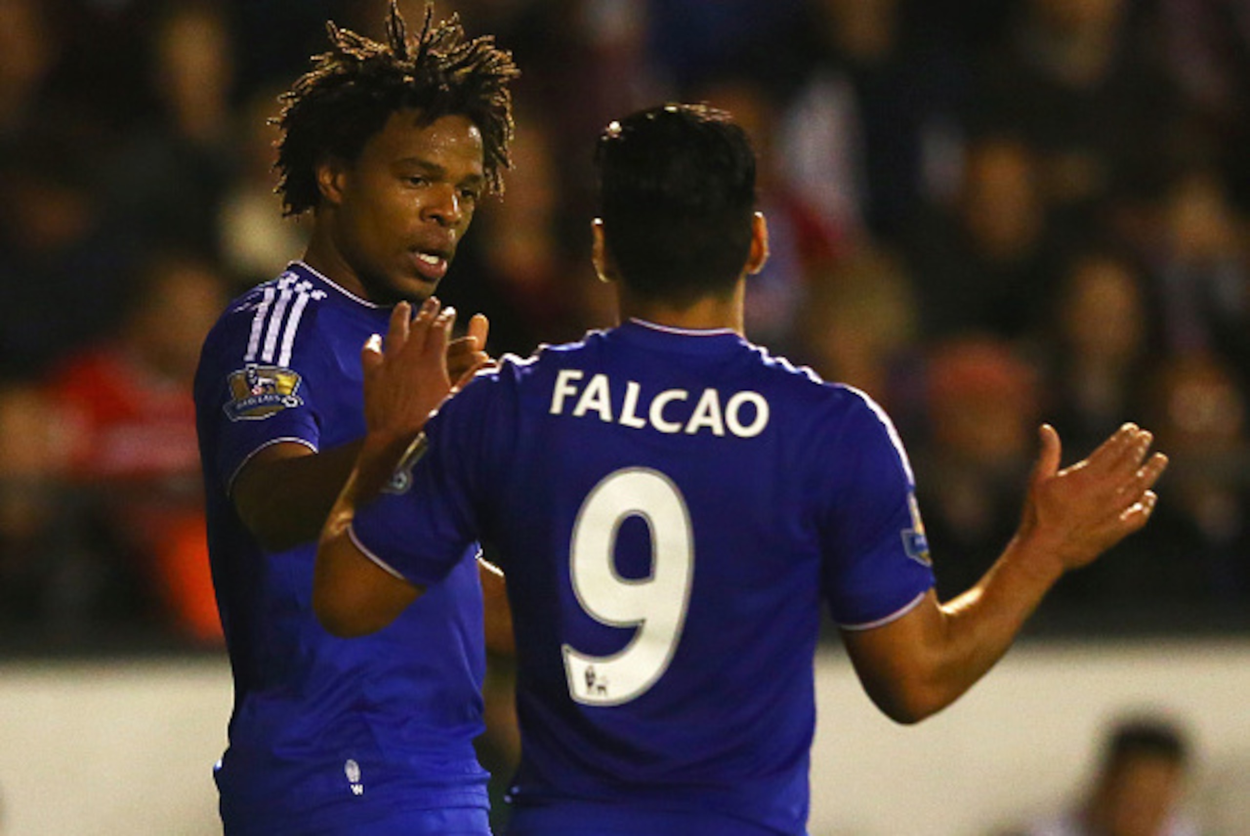 WALSALL, ENGLAND - SEPTEMBER 23:  Loic Remy of Chelsea (L) celebrates with Radamel Falcao Garcia as he scores their second goal during the Capital One Cup third round match between Walsall and Chelsea at Banks's Stadium on September 23, 2015 in Walsall, E