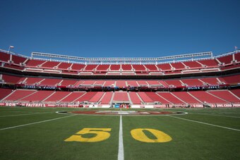 September 3, 2015; Santa Clara, CA, USA; General view of Levi's Stadium with gold painted numbers at the 50 yard line to celebrate Super Bowl 50 before the game between the San Francisco 49ers and the San Diego Chargers. Super Bowl 50 will be held at Levi