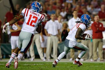 TUSCALOOSA, AL - SEPTEMBER 19:  Trae Elston #7 of the Mississippi Rebels intercepts a pass against the Alabama Crimson Tide at Bryant-Denny Stadium on September 19, 2015 in Tuscaloosa, Alabama.  (Photo by Kevin C. Cox/Getty Images)