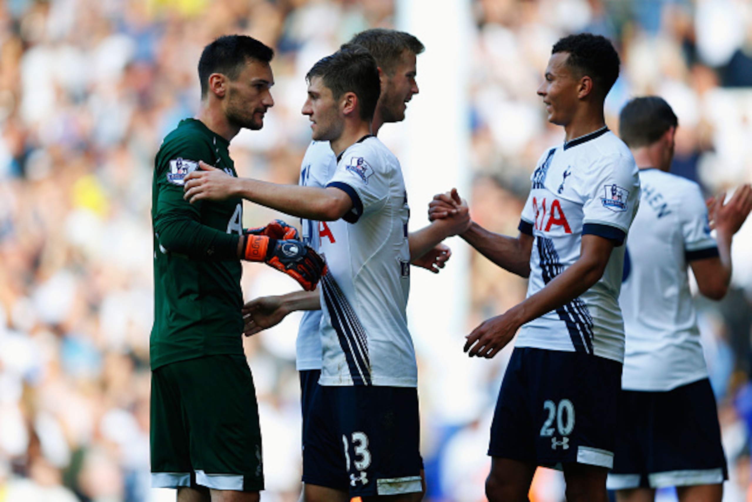 LONDON, ENGLAND - SEPTEMBER 20:  Hugo Lloris of Tottenham Hotspur hugs Ben Davies of Tottenham Hotspur after victory in the Barclays Premier League match between Tottenham Hotspur and Crystal Palace at White Hart Lane on September 20, 2015 in London, Unit