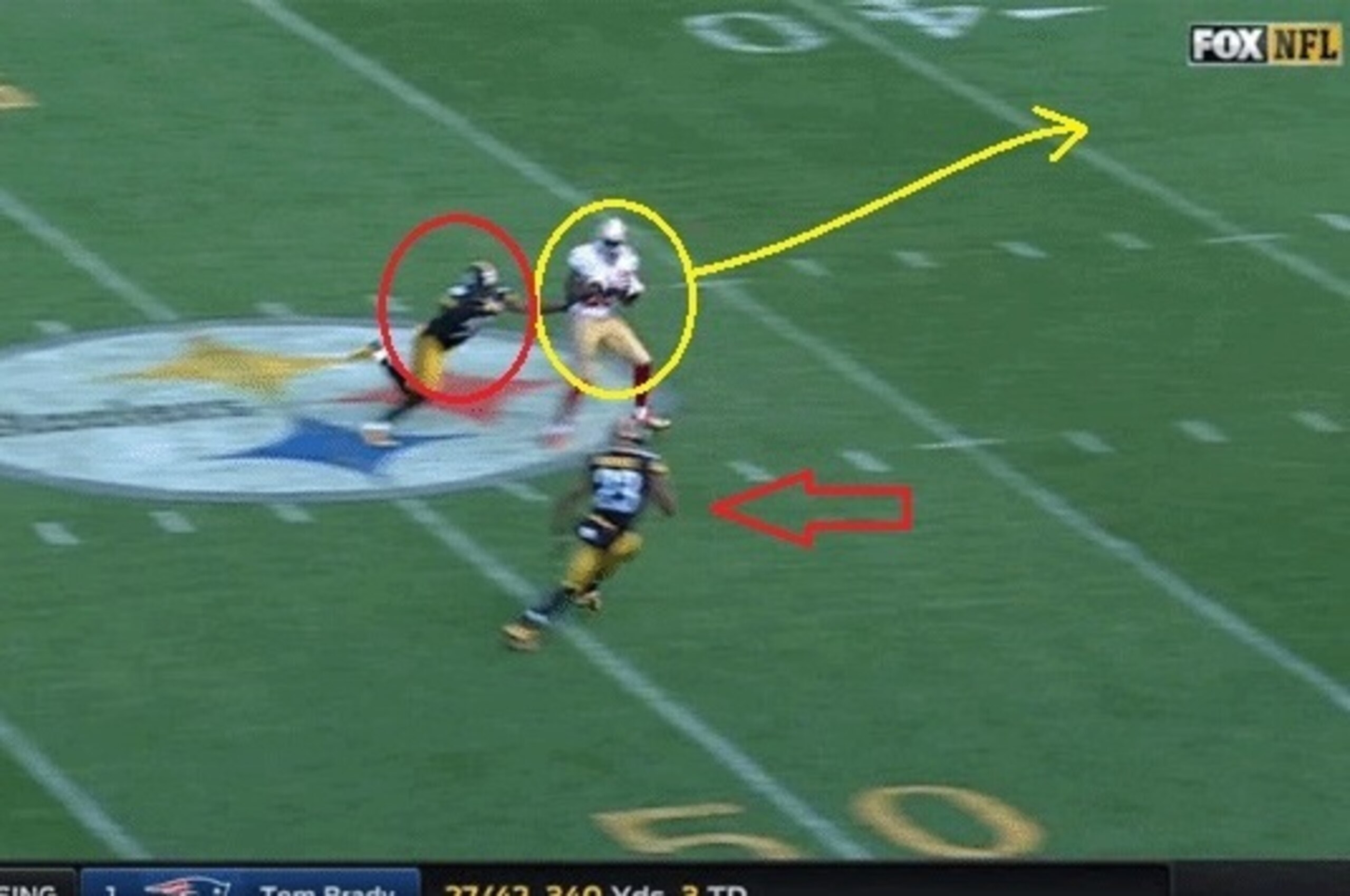 Kaepernick's pass hits Smith in stride right between Pittsburgh's two defensive backs.
