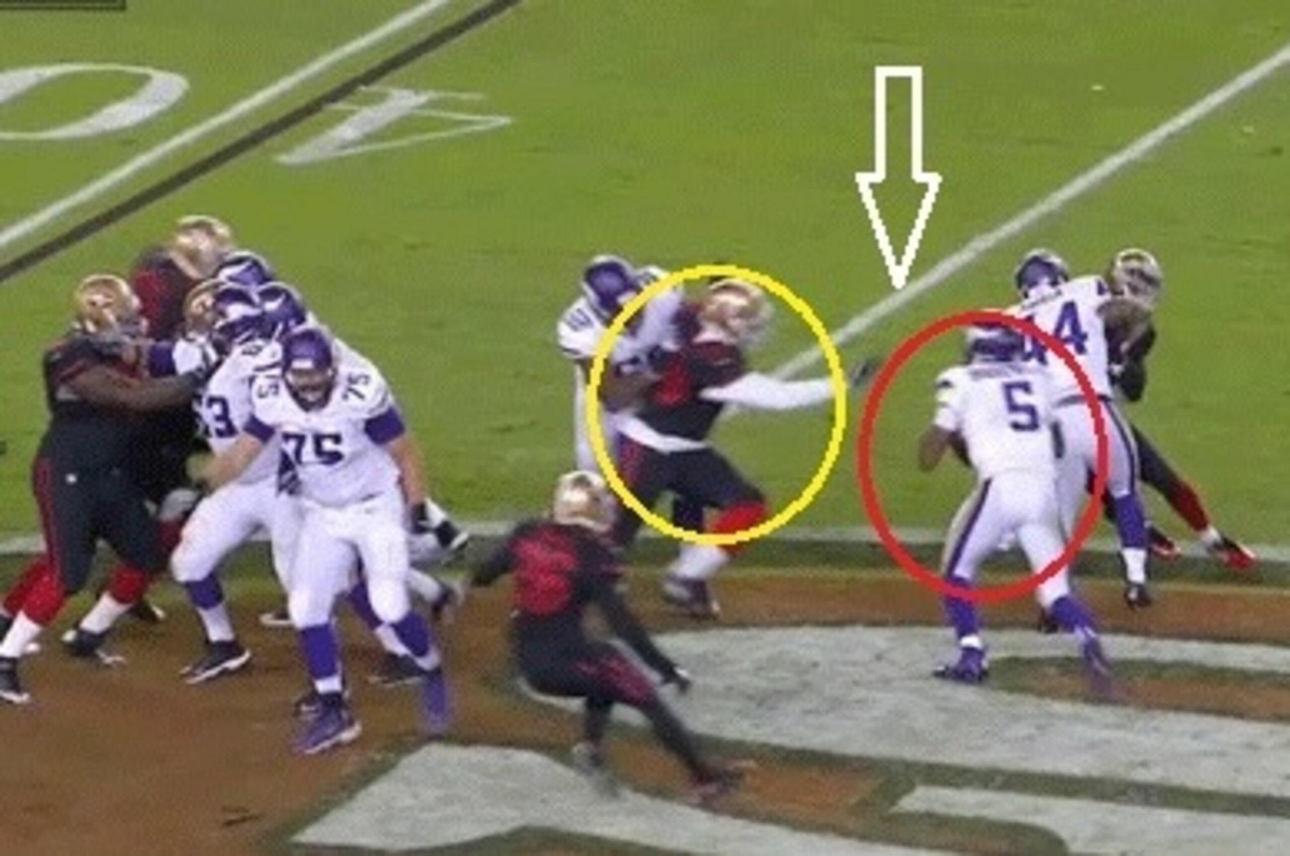 Lynch creates havoc in the backfield, which forces Vikings quarterback Teddy Bridgewater out of the pocket.