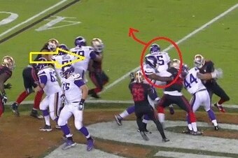 Lynch is taken out of the play, but linebacker NaVorro Bowman is able to close the gap.