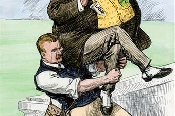 Political cartoons sometimes worked in Roosevelt's wrestling skills.