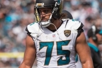 Sep 13, 2015; Jacksonville, FL, USA; Jacksonville Jaguars defensive tackle Jared Odrick (75) during the game against the Carolina Panthers at EverBank Field. The Panthers defeat the Jaguars 20-9. Mandatory Credit: Jerome Miron-USA TODAY Sports