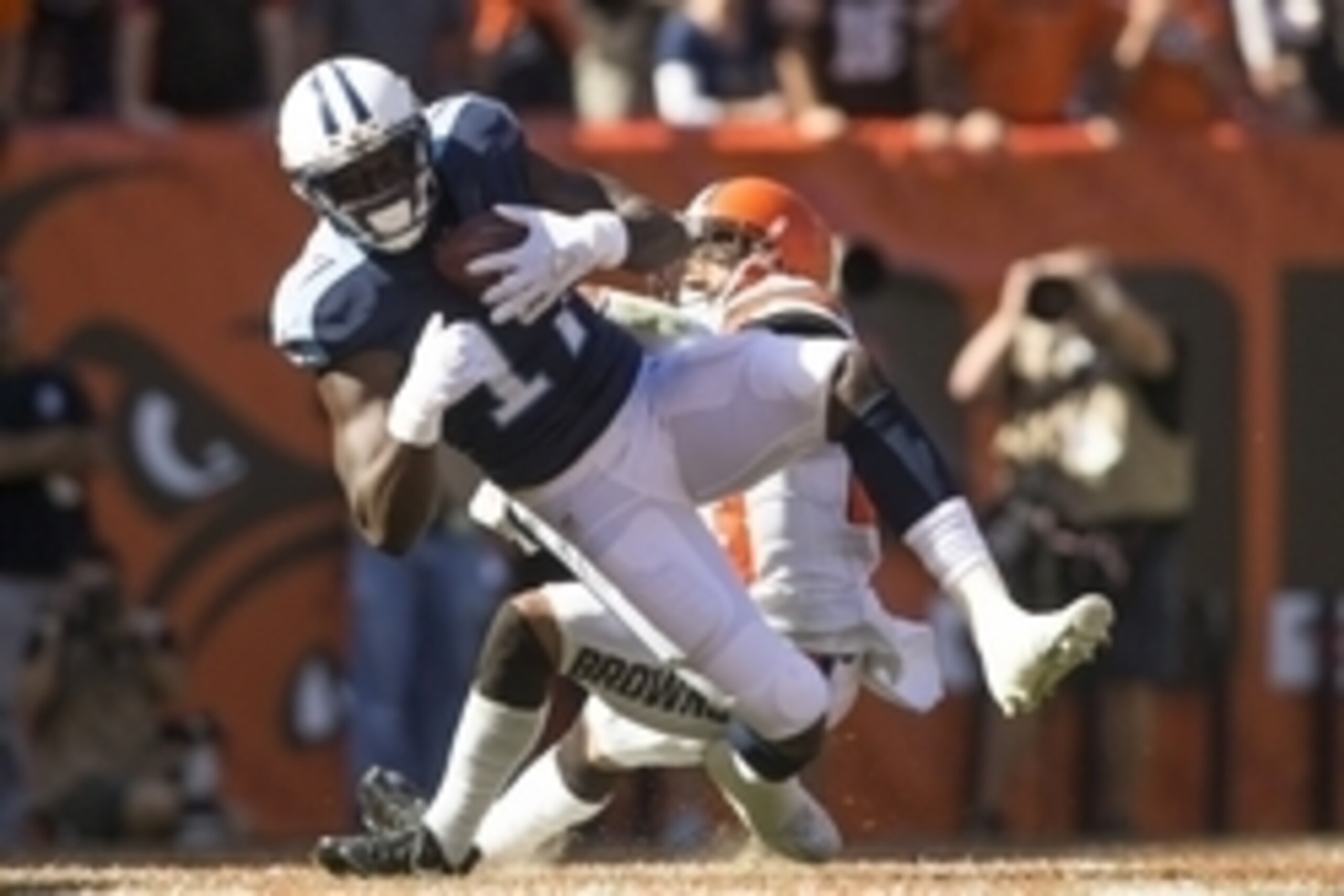 Sep 20, 2015; Cleveland, OH, USA; Tennessee Titans wide receiver Dorial Green-Beckham (17) makes a touchdown catch against Cleveland Browns cornerback Joe Haden (23) in the fourth quarter at FirstEnergy Stadium. The Browns won 28-14. Mandatory Credit: S Sep 20, 2015; Cleveland, OH, USA; Tennessee Titans wide receiver Dorial Green-Beckham (17) makes a touchdown catch against Cleveland Browns cornerback Joe Haden (23) in the fourth quarter at FirstEnergy Stadium. The Browns won 28-14. Mandatory Credit: S