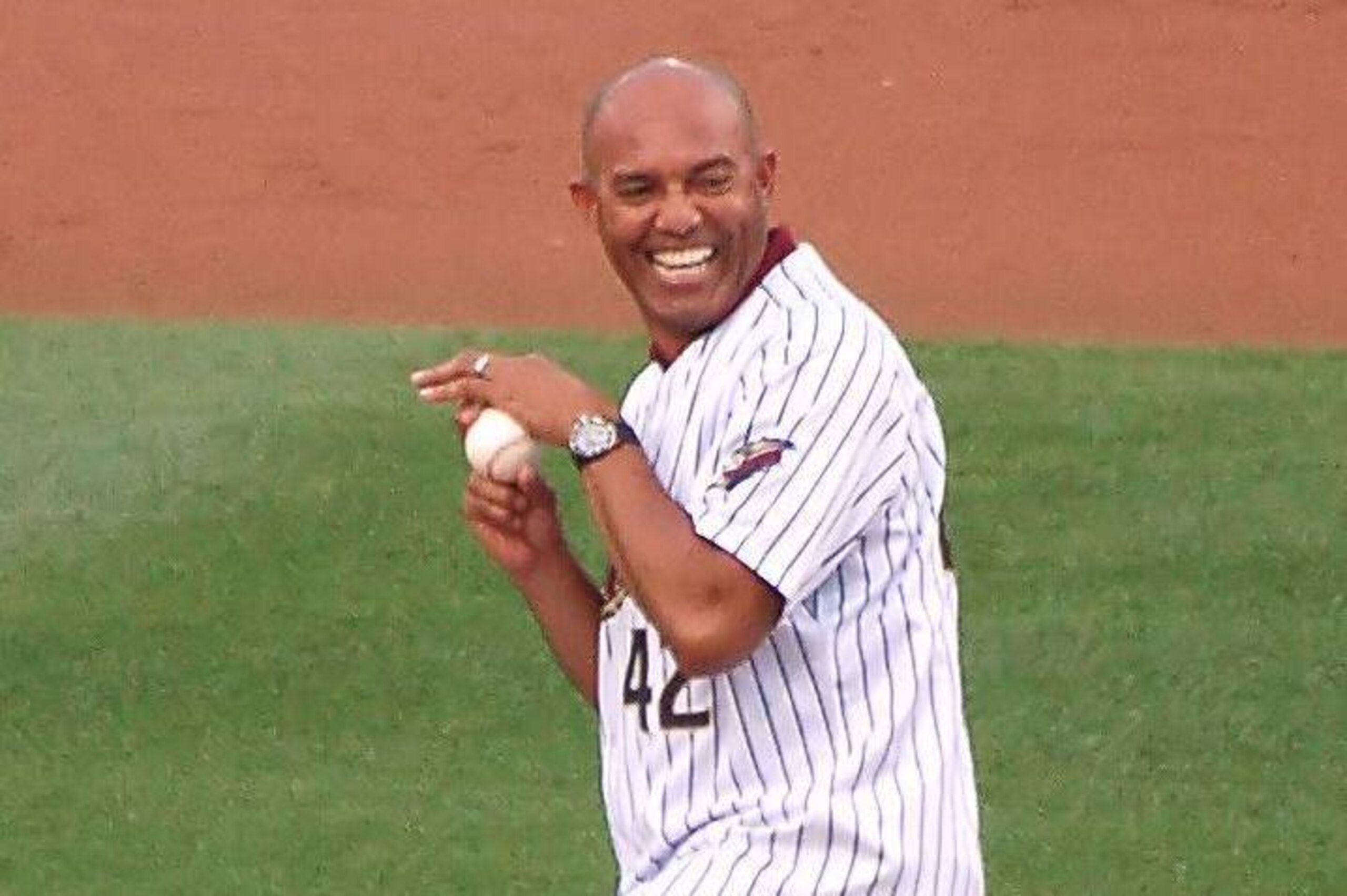 Mariano Rivera throws out the first pitch before a RailRiders game.