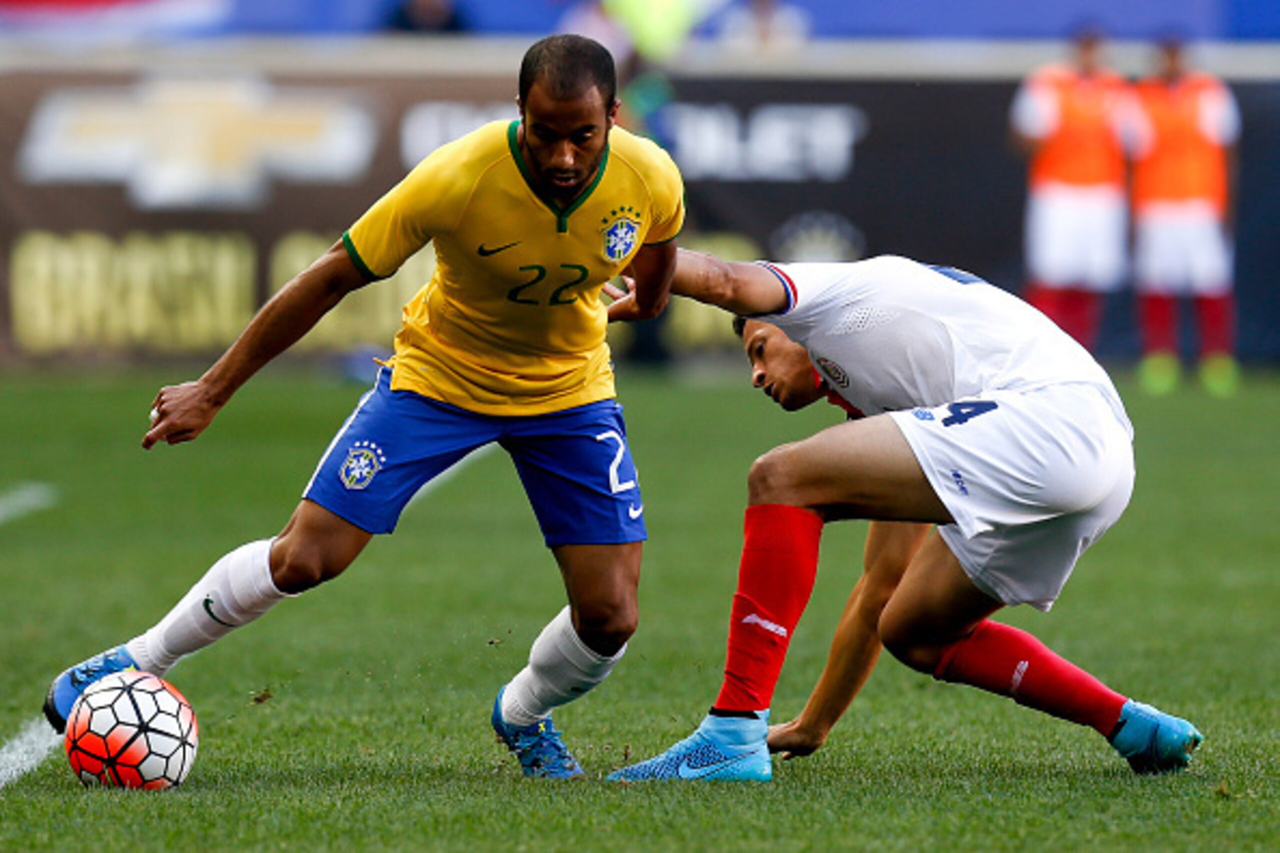 HARRISON, NJ - SEPTEMBER 5:  Daniel Colindres #24 of Costa Rica defends Lucas #22 of Brazil during their match at Red Bull Arena on September 5, 2015 in Harrison, New Jersey.  (Photo by Jeff Zelevansky/Getty Images)