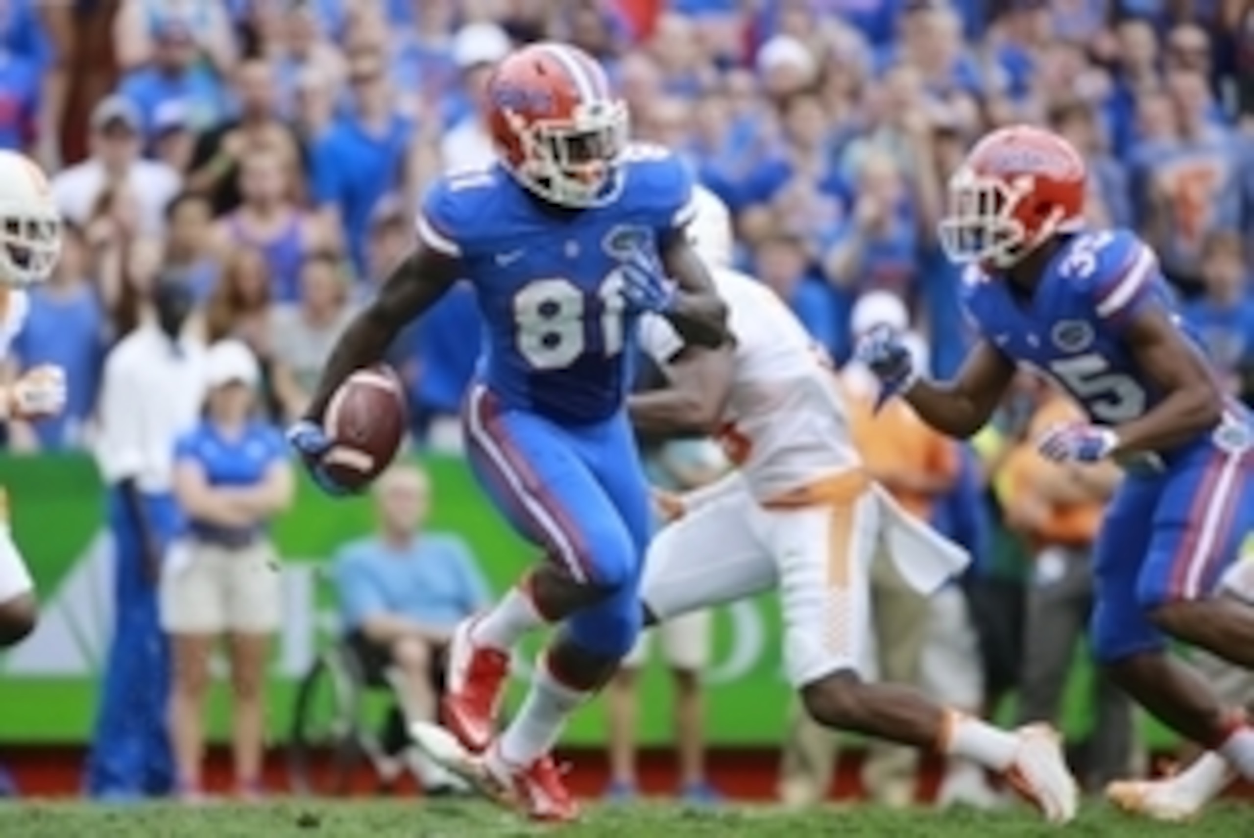 Sep 26, 2015; Gainesville, FL, USA;  Florida Gators wide receiver Antonio Callaway (81) runs with the ball against the Tennessee Volunteers during the first half at Ben Hill Griffin Stadium. Mandatory Credit: Kim Klement-USA TODAY Sports