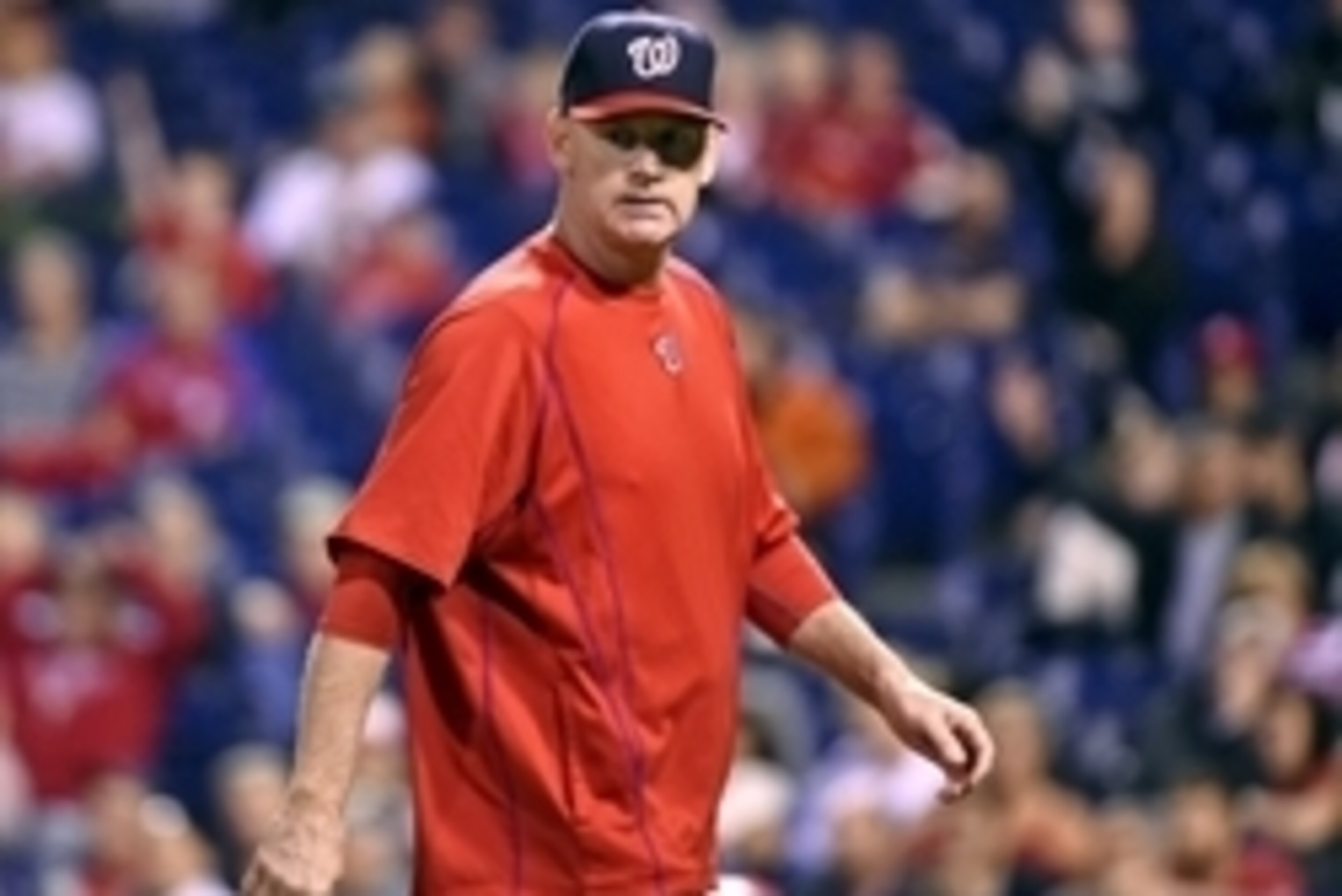Sep 14, 2015; Philadelphia, PA, USA; Washington Nationals manager Matt Williams (9) walks off the field after a pitching change against the Philadelphia Phillies at Citizens Bank Park. The Nationals defeated the Phillies, 8-7 in 11 innings. Mandatory Cred