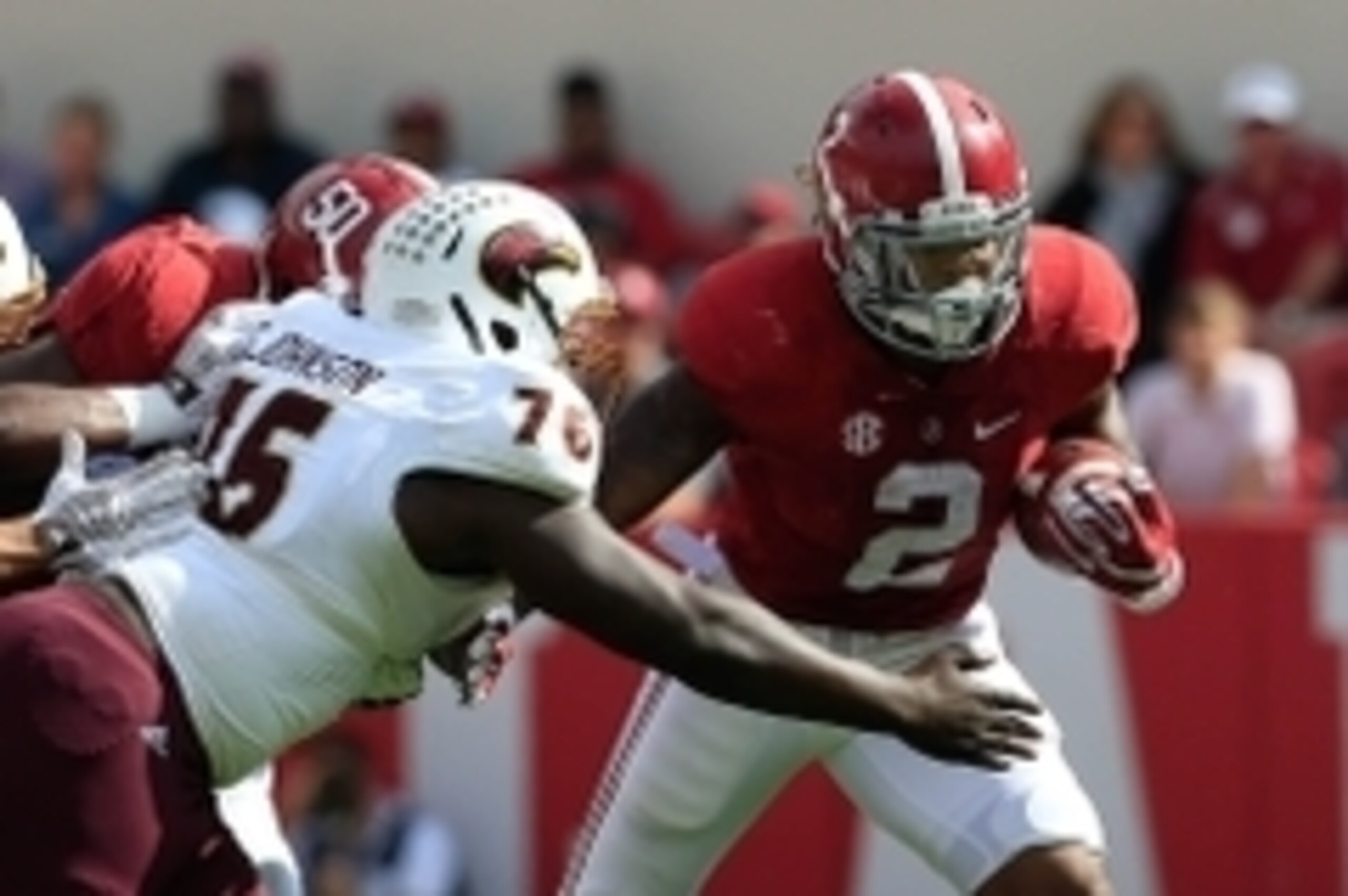 Sep 26, 2015; Tuscaloosa, AL, USA; Alabama Crimson Tide running back Derrick Henry (2) carries the ball against Louisiana Monroe Warhawks at Bryant-Denny Stadium. Mandatory Credit: Marvin Gentry-USA TODAY Sports