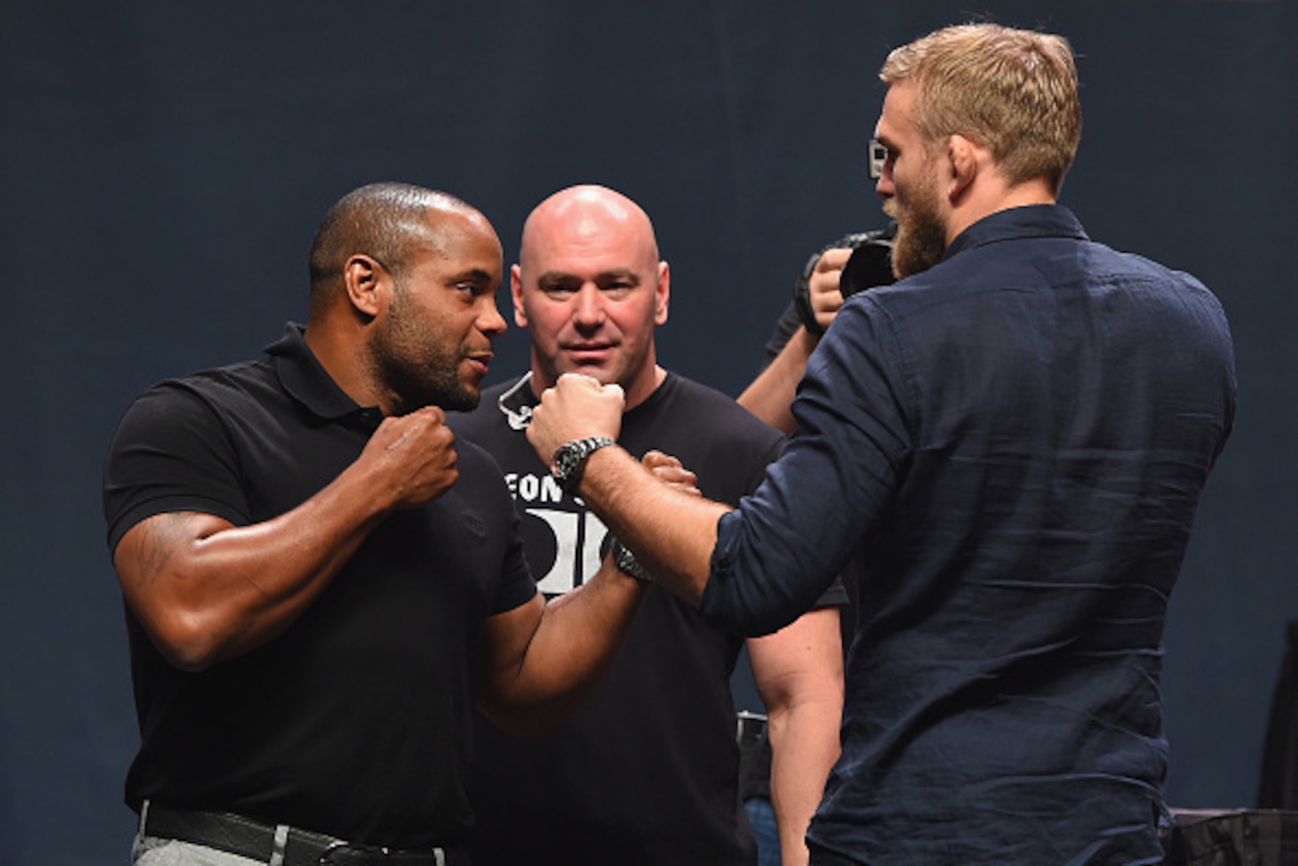 LAS VEGAS, NV - SEPTEMBER 04:  (L-R) UFC light heavyweight champion Daniel Cormier and Alex Gustafsson face off during the UFC's Go Big launch event inside MGM Grand Garden Arena on September 4, 2015 in Las Vegas, Nevada.  (Photo by Josh Hedges/Zuffa LLC/