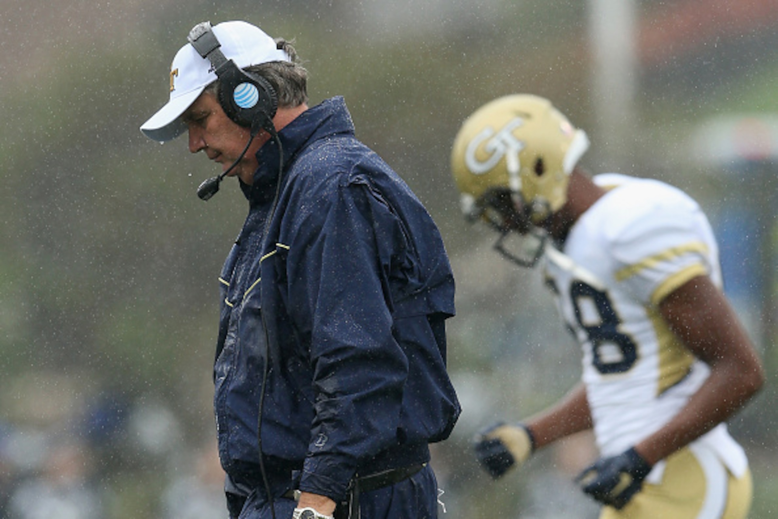 DURHAM, NC - SEPTEMBER 26:  Head coach Paul Johnson of the Georgia Tech Yellow Jackets walks to the sideline against the Duke Blue Devils during their game at Wallace Wade Stadium on September 26, 2015 in Durham, North Carolina.  (Photo by Streeter Lecka/