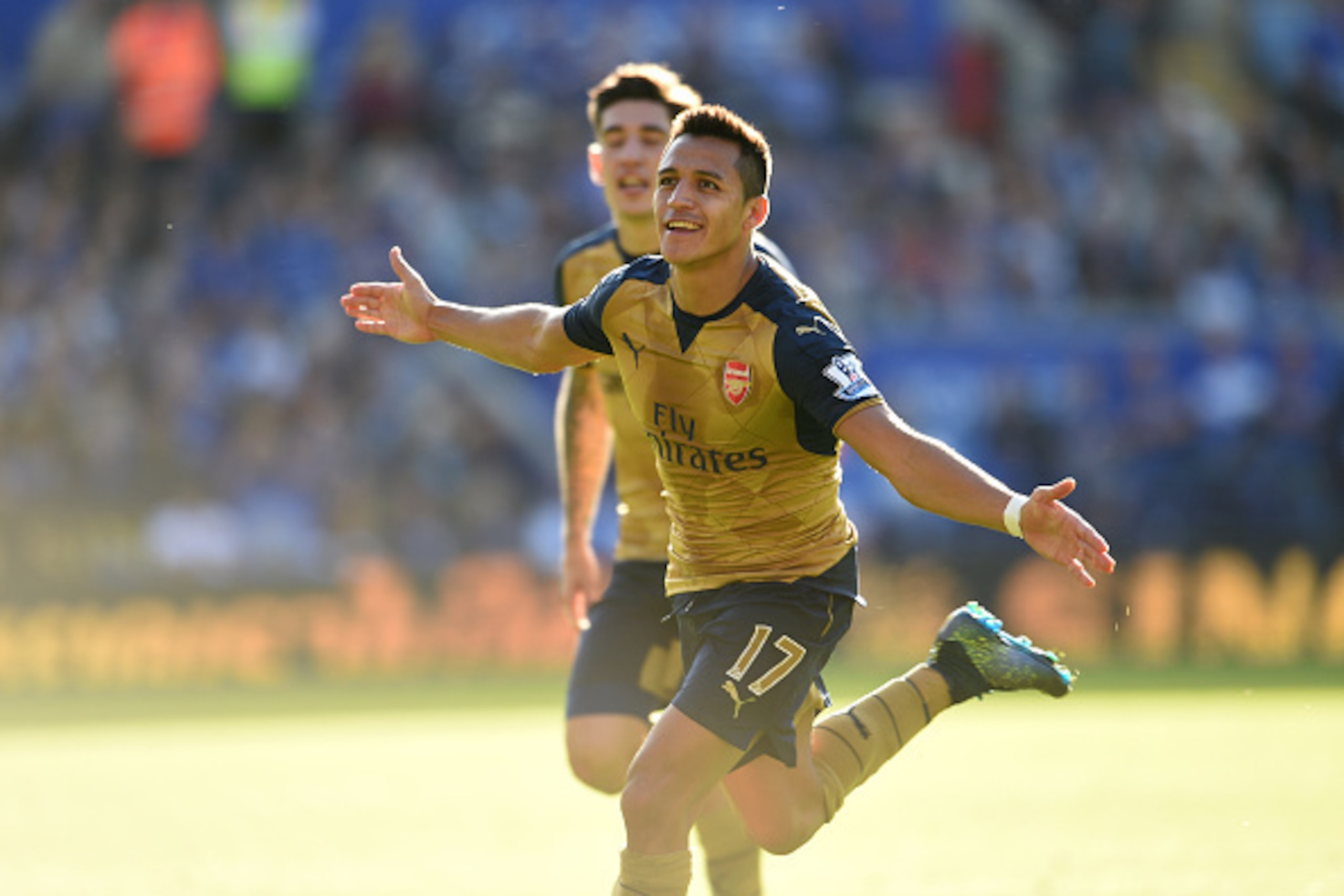 LEICESTER, ENGLAND - SEPTEMBER 26:  Alexis Sanchez of Arsenal celebrates after scoring his third goal during the Barclays Premier League match between Leicester City and Arsenal at the King Power Stadium on September 26, 2015 in Leicester, United Kingdom.