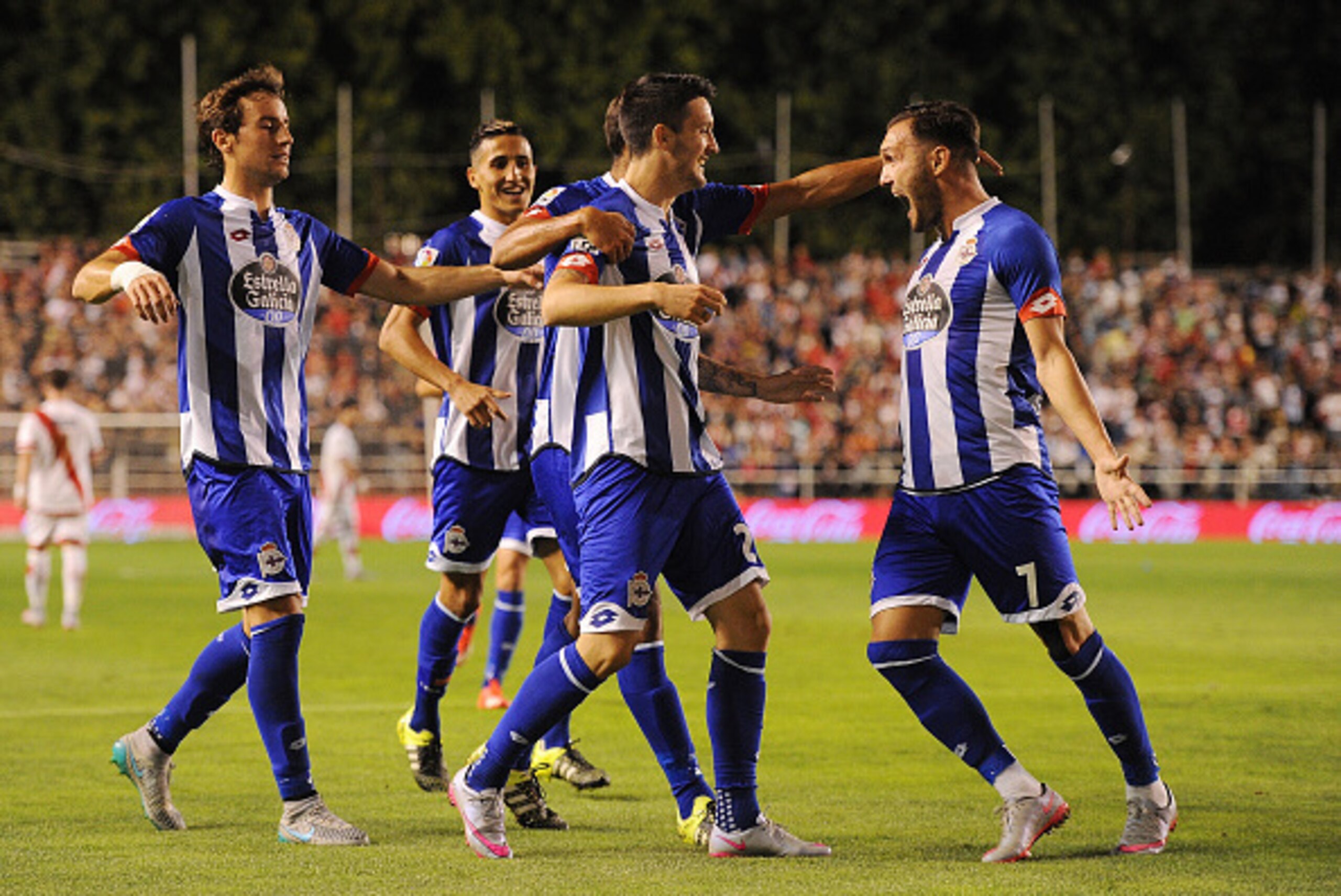 MADRID, SPAIN - SEPTEMBER 14:  Luis Alberto of RC Deportivo la Coruna celebrates with Lucas Perez after scoring Deportivo's 2nd goal during the La Liga match between Rayo Vallecano and RC Deportivo La Coruna at Estadio Teresa Rivero on September 14, 2015 