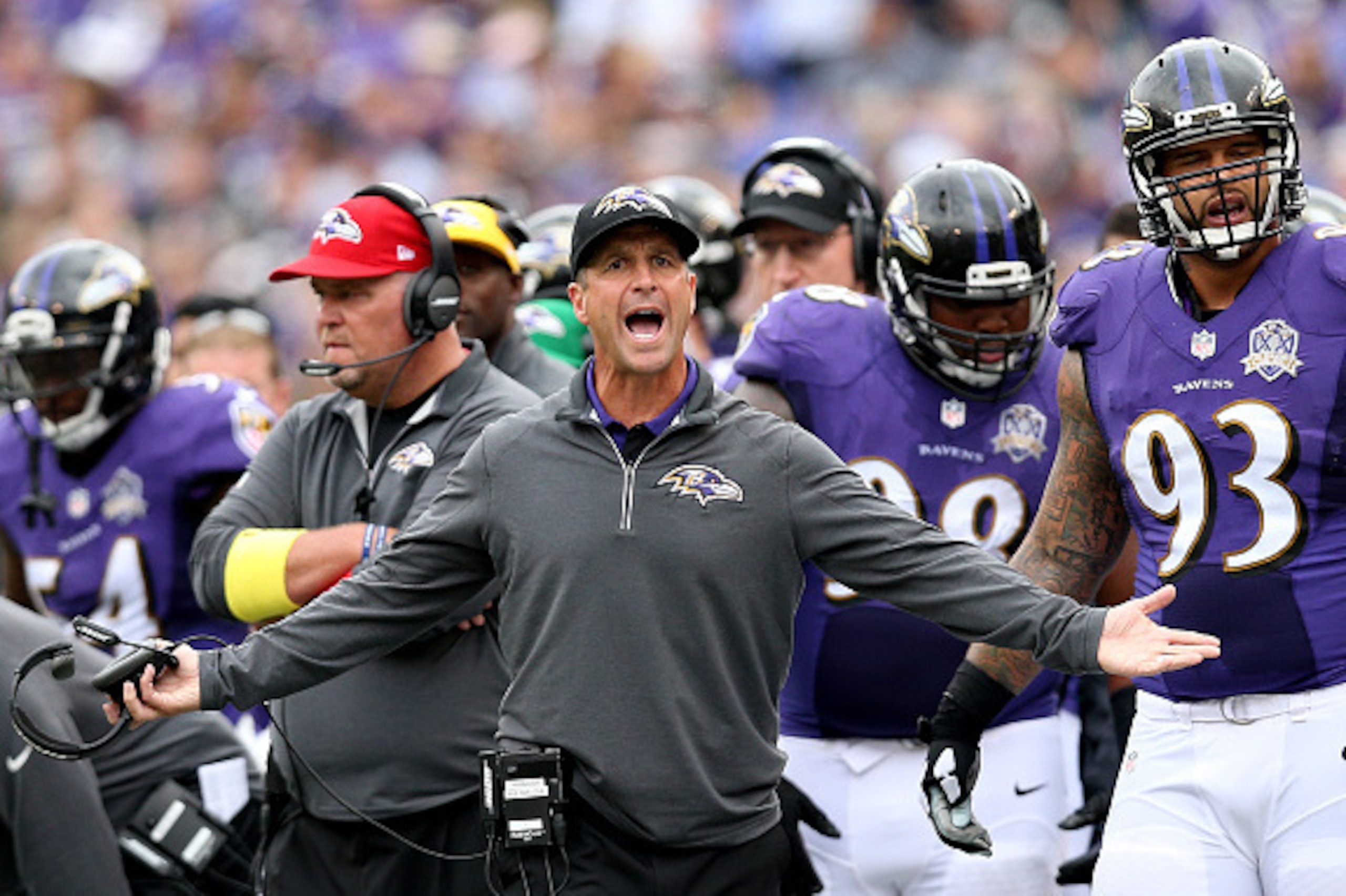 BALTIMORE, MD - SEPTEMBER 27: Head coach John Harbaugh of the Baltimore Ravens and defensive end Lawrence Guy #93 of the Baltimore Ravens look on in the third quarter of a game against the Cincinnati Bengals at M&T Bank Stadium on September 27, 2015 in Ba BALTIMORE, MD - SEPTEMBER 27: Head coach John Harbaugh of the Baltimore Ravens and defensive end Lawrence Guy #93 of the Baltimore Ravens look on in the third quarter of a game against the Cincinnati Bengals at M&T Bank Stadium on September 27, 2015 in Ba