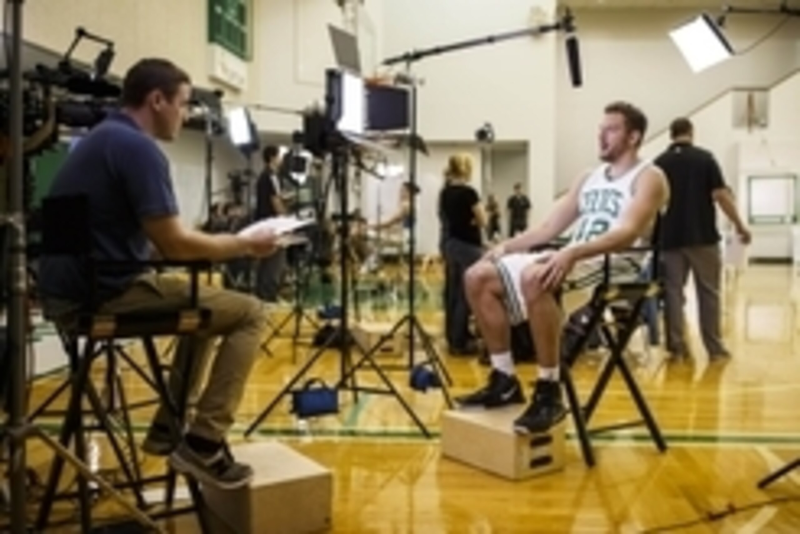 Sep 25, 2015; Waltham, MA, USA; Boston Celtics forward David Lee (42) during media day at the Boston Celtic Practice Facility. Mandatory Credit: David Butler II-USA TODAY Sports