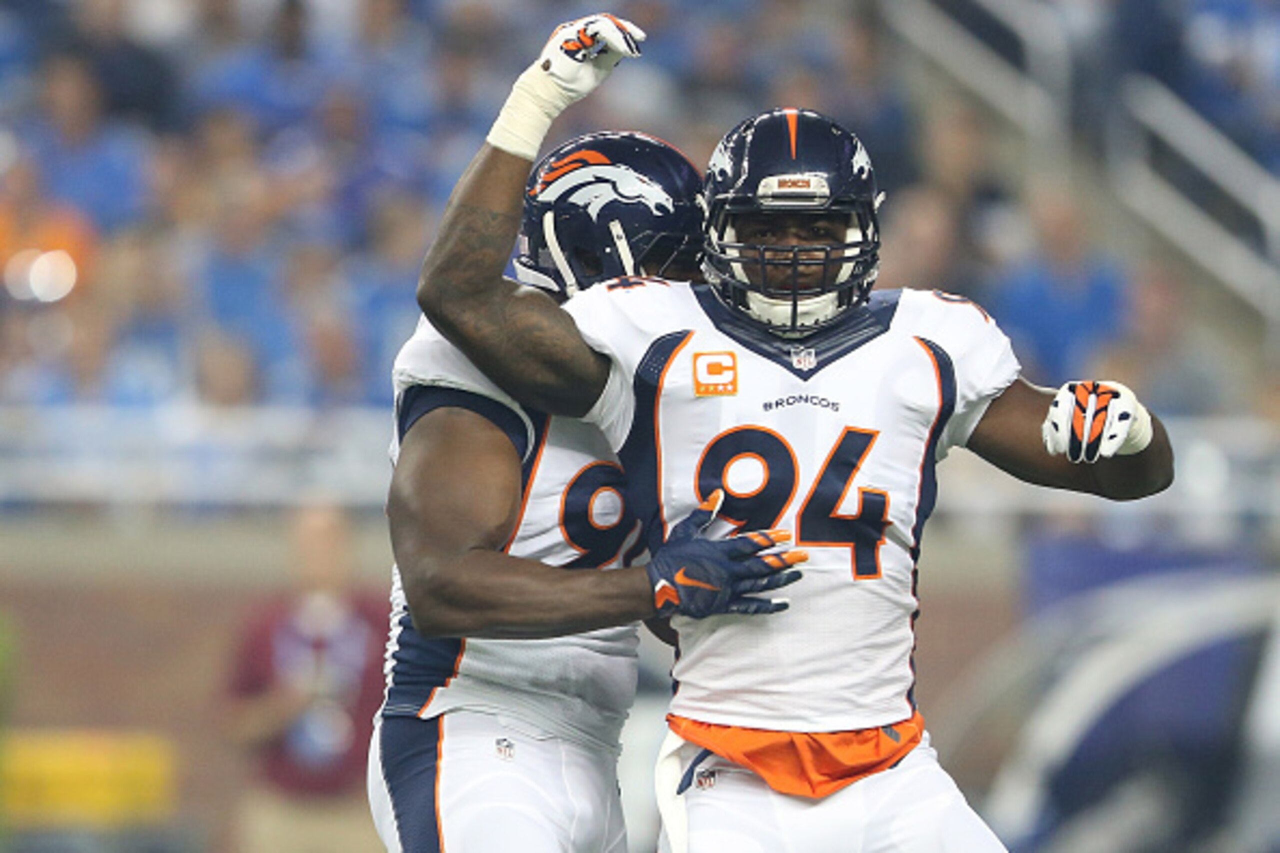 DETROIT, MI - SEPTEMBER 27: outside linebacker DeMarcus Ware #94 of the Denver Broncos celebrates after sacking the quarterback while playing the Detroit Lions in the first quarter on September 27, 2015 at Ford Field in Detroit, Michigan. (Photo by Leon H
