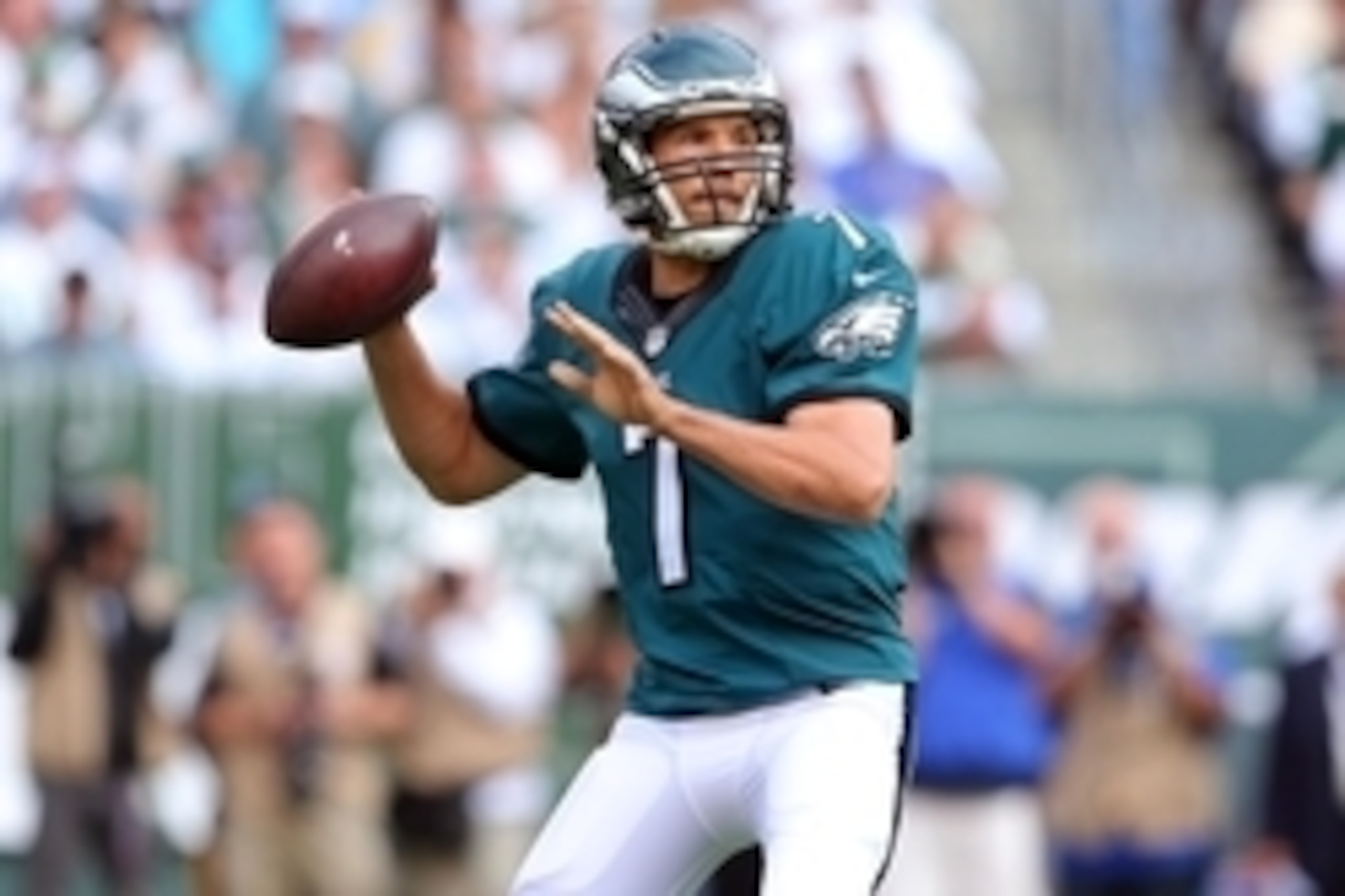Sep 27, 2015; East Rutherford, NJ, USA; Philadelphia Eagles quarterback Sam Bradford (7) drops back to pass against the New York Jets during the second quarter at MetLife Stadium. Mandatory Credit: Brad Penner-USA TODAY Sports