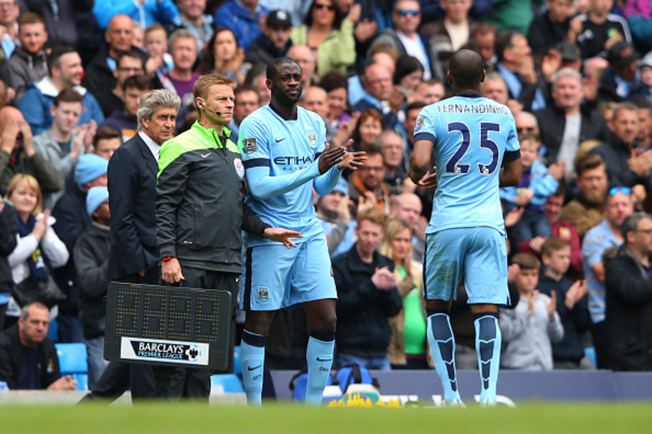 MANCHESTER, ENGLAND - MAY 10:  Yaya Toure of Manchester City comes on as a second half substitute for Fernandinho of Manchester City during the Barclays Premier League match between Manchester City and Queens Park Rangers at the Etihad Stadium on May 10, 