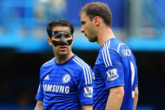 LONDON, ENGLAND - MAY 03:  Cesc Fabregas and Branislav Ivanovic of Chelsea in discussion at a free kick during the Barclays Premier League match between Chelsea and Crystal Palace at Stamford Bridge on May 3, 2015 in London, England.  (Photo by Clive Maso