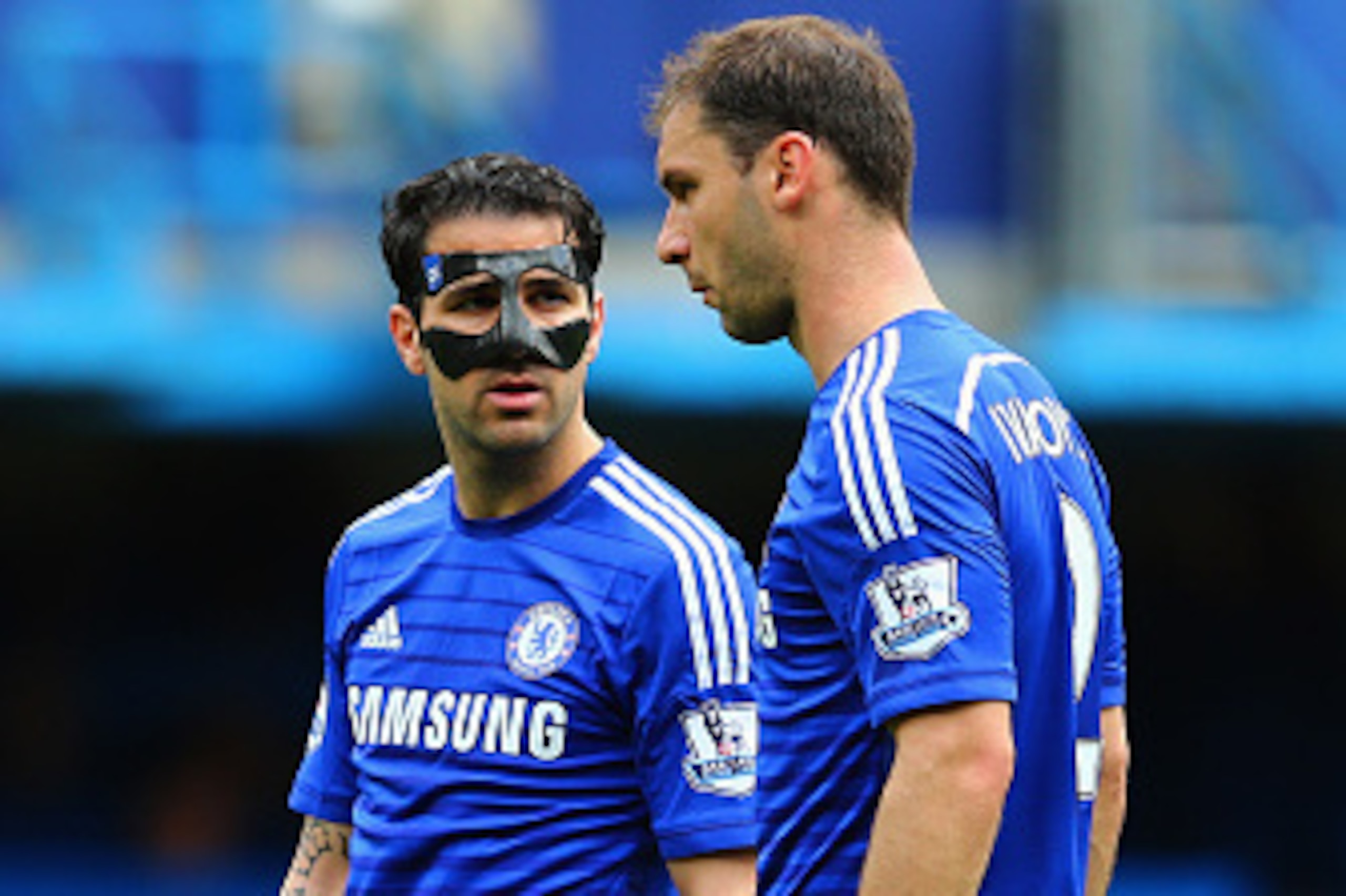 LONDON, ENGLAND - MAY 03:  Cesc Fabregas and Branislav Ivanovic of Chelsea in discussion at a free kick during the Barclays Premier League match between Chelsea and Crystal Palace at Stamford Bridge on May 3, 2015 in London, England.  (Photo by Clive Maso