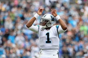 CHARLOTTE, NC - SEPTEMBER 27:  Cam Newton #1 of the Carolina Panthers celebrates after a play against the New Orleans Saints during their game at Bank of America Stadium on September 27, 2015 in Charlotte, North Carolina.  (Photo by Streeter Lecka/Getty I