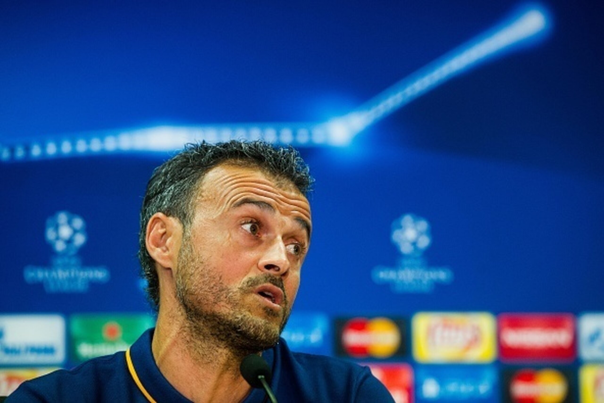 BARCELONA, SPAIN - SEPTEMBER 28:  Head coach Luis Enrique of FC Barcelona looks on during a press conference ahead of a UEFA Champions League Group E match against Bayern 04 Leverkusen at Ciutat Esportiva on September 28, 2015 in Barcelona, Spain.  (Photo