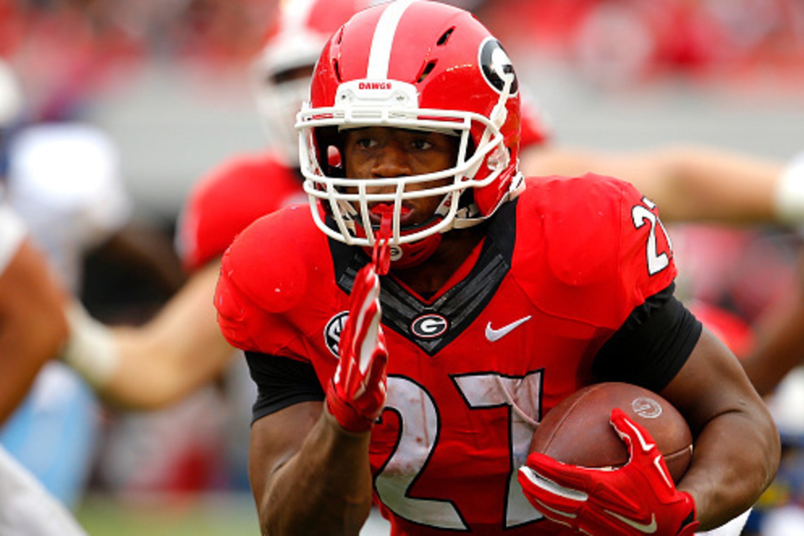 ATHENS, GA - SEPTEMBER 26: Running back Nick Chubb #27 of the Georgia Bulldogs rushes in for a touchdown in the third quarter of the game against the Southern University Jaguars on September 26, 2015 at Sanford Stadium in Athens, Georgia. The Georgia Bull ATHENS, GA - SEPTEMBER 26: Running back Nick Chubb #27 of the Georgia Bulldogs rushes in for a touchdown in the third quarter of the game against the Southern University Jaguars on September 26, 2015 at Sanford Stadium in Athens, Georgia. The Georgia Bull
