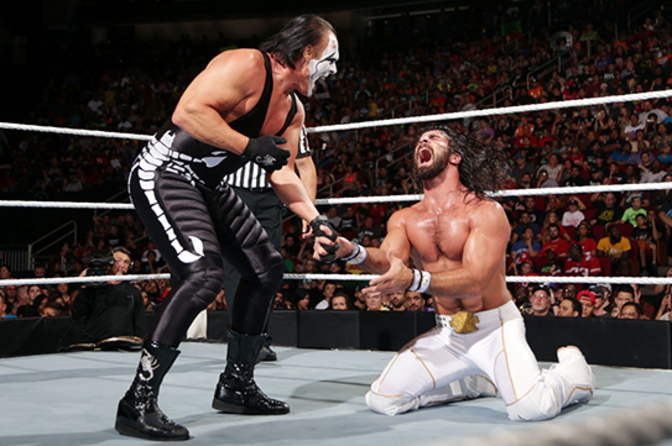 Sting battles Seth Rollins at Night of Champions. Sting battles Seth Rollins at Night of Champions.