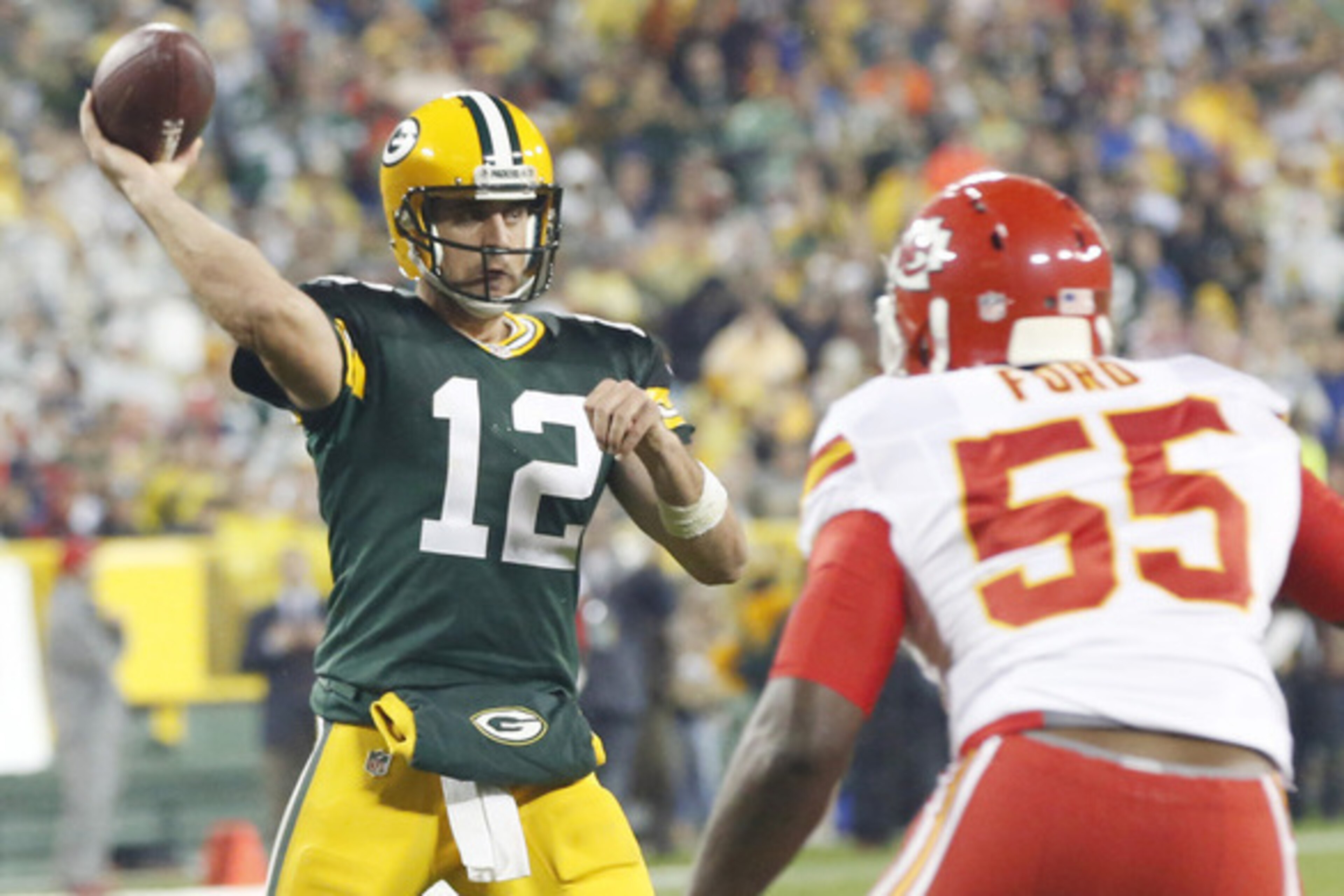 Aaron Rodgers threw five touchdown passes in the win.