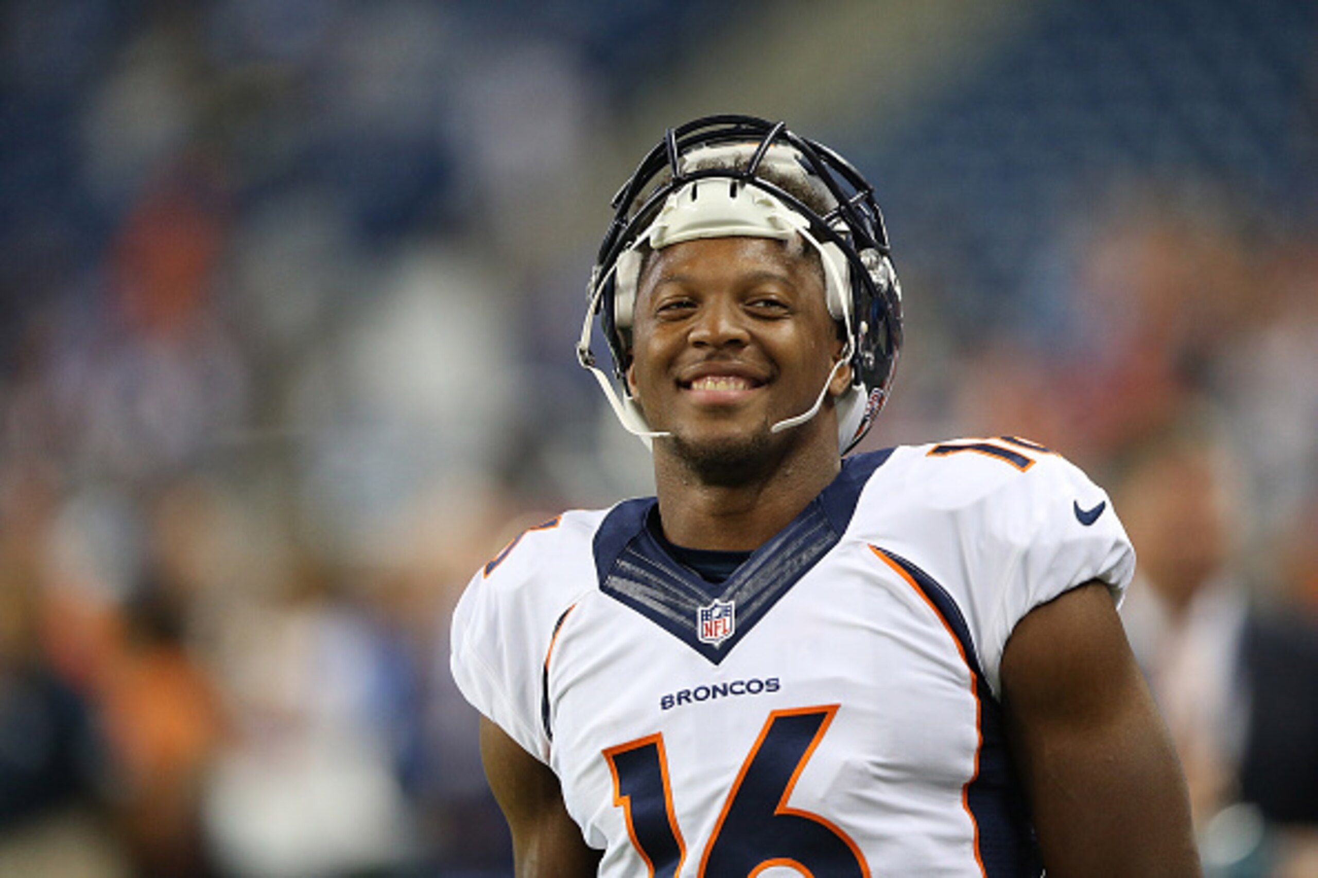 DETROIT, MI - SEPTEMBER 27: Wide receiver Bennie Fowler #16 of the Denver Broncos warms up prior to the start of the game against the Detroit Lions on September 27, 2015 at Ford Field in Detroit, Michigan. The Broncos defeated the Lions 24-12. (Photo by L