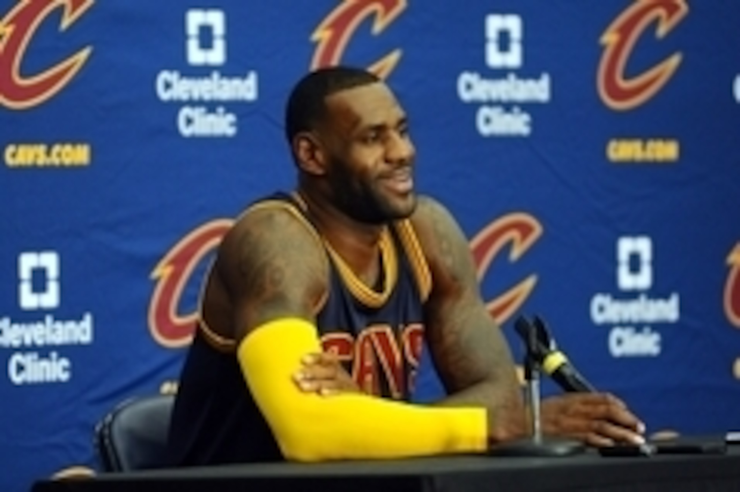 Sep 28, 2015; Cleveland, OH, USA; Cleveland Cavaliers forward LeBron James (23) talks to the media during Cleveland Cavaliers media day at Cleveland Clinic Courts. Mandatory Credit: Ken Blaze-USA TODAY Sports