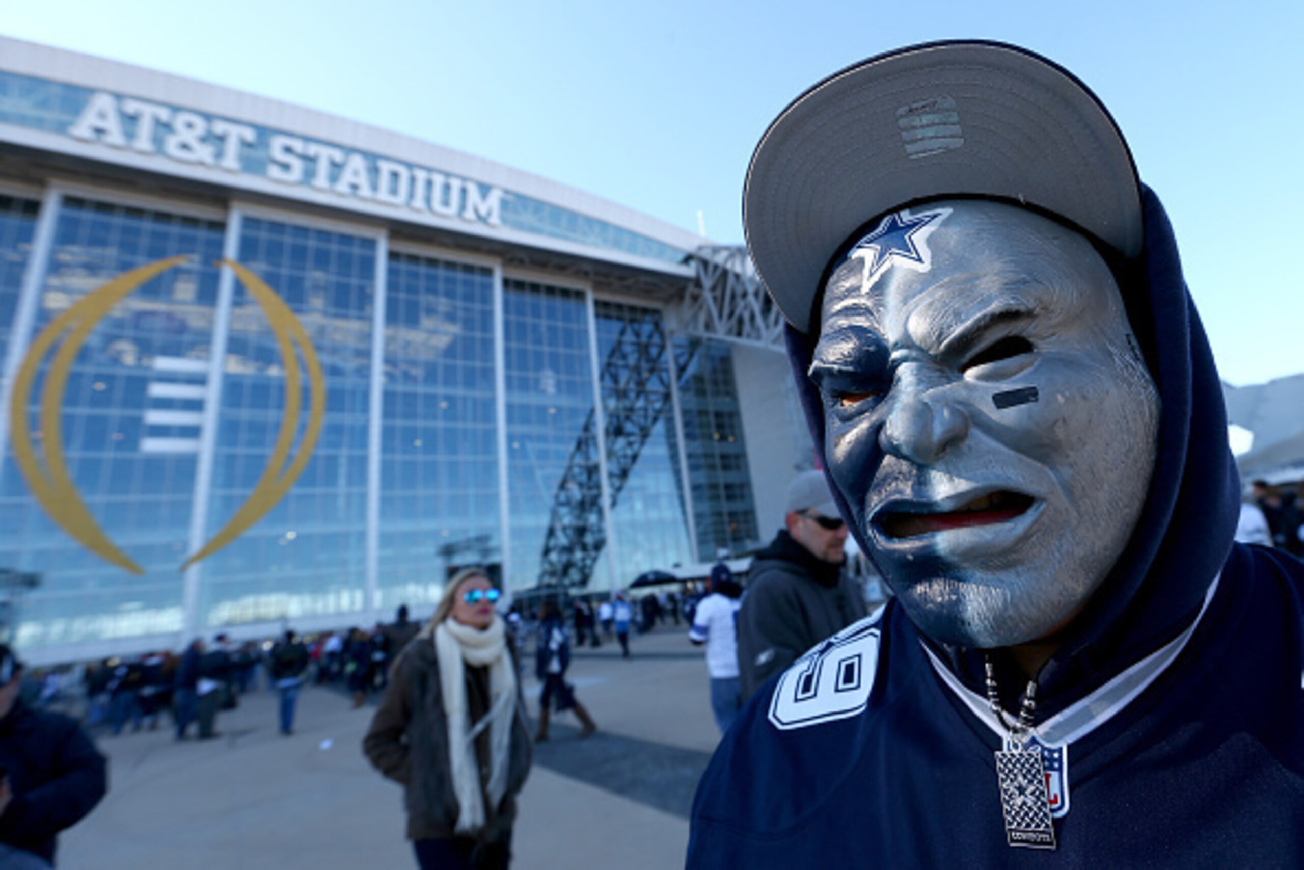 ARLINGTON, TX - JANUARY 04:  A fan poses outside AT&T Stadium before the NFC Wildcard Playoff Game between the Dallas Cowboys and the Detroit Lions on January 4, 2015 in Arlington, Texas.  (Photo by Ronald Martinez/Getty Images)