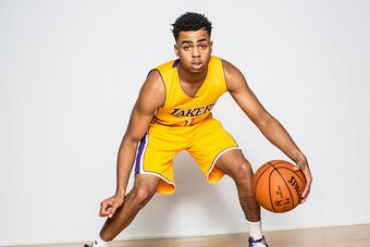 TARRYTOWN, NY - AUGUST 08:  D'Angelo Russell #1 of the Los Angeles Lakers poses for a portrait during the 2015 NBA rookie photo shoot on August 8, 2015 at the Madison Square Garden Training Facility in Tarrytown, New York. NOTE TO USER: User expressly ack